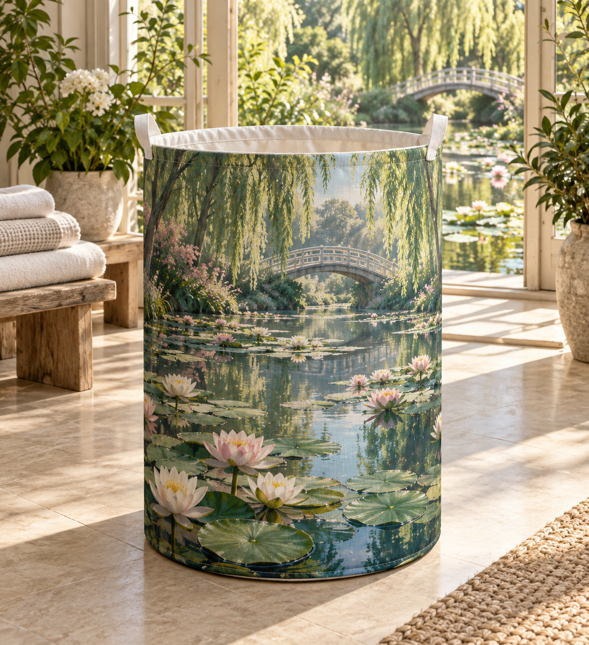 Lily Pond Collector Birthday Laundry Hamper with flat printed cream and blush water lilies over a deep pond