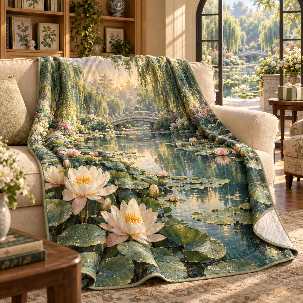 Lily Pond Collector Birthday Quilt Blanket with flat printed cream and blush water lilies over a deep pond