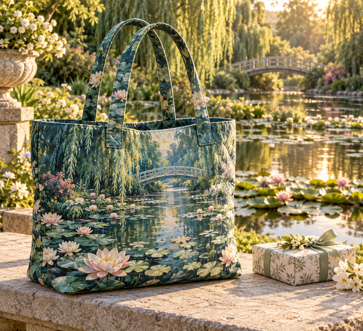 Lily Pond Collector Birthday Quilted Tote Bag with flat printed cream and blush water lilies over a deep pond