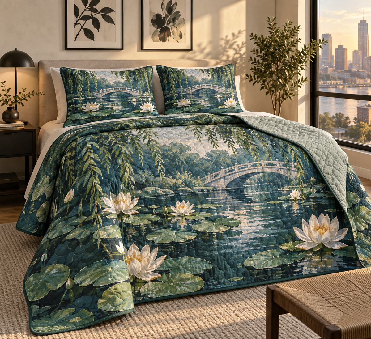 Lily Pond Apartment Gallery Quilted Bedding Set with flat printed white water lilies over a deep teal pond
