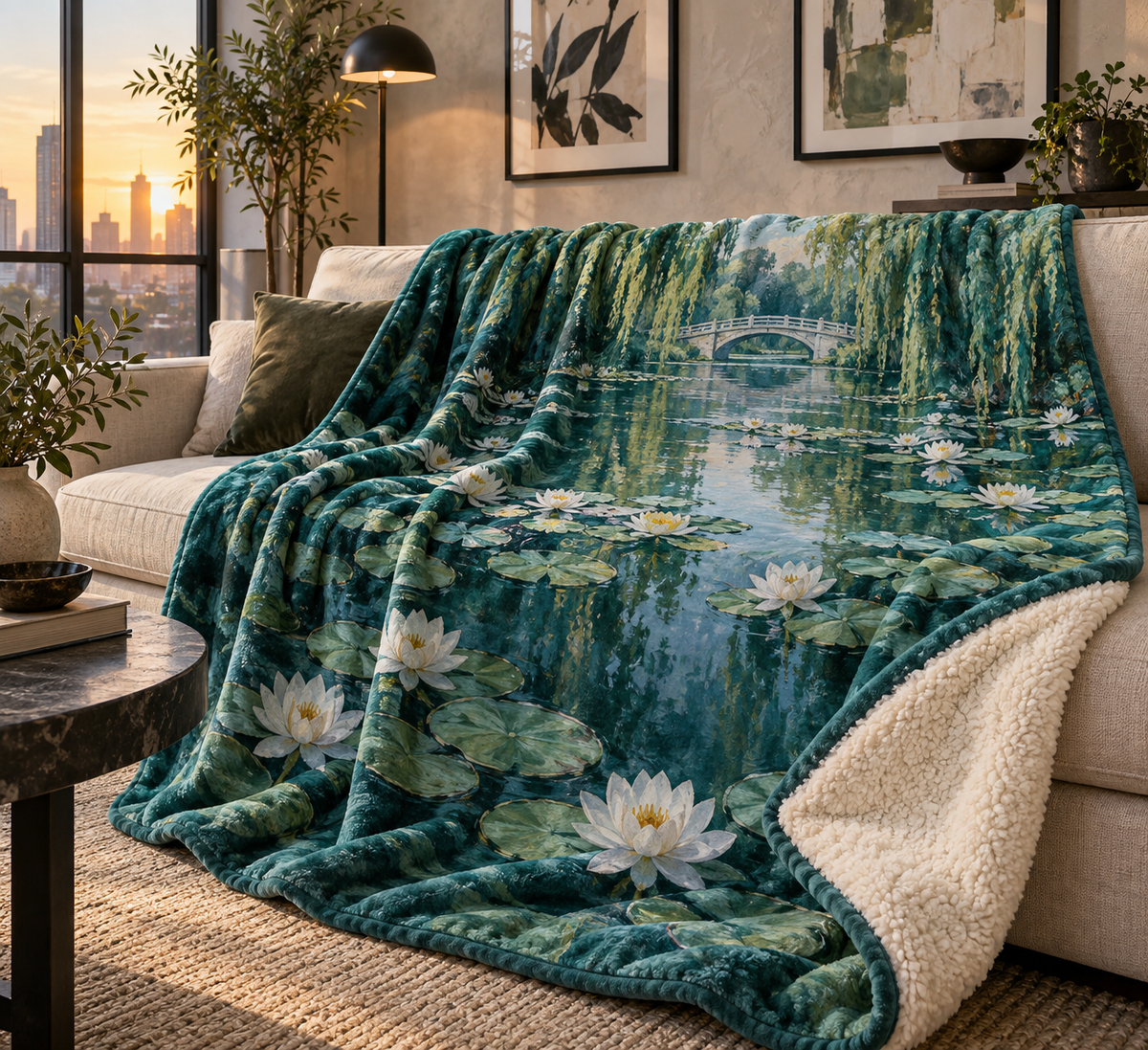 Lily Pond Apartment Gallery Sherpa & Fleece Blanket with flat printed white water lilies over a deep teal pond