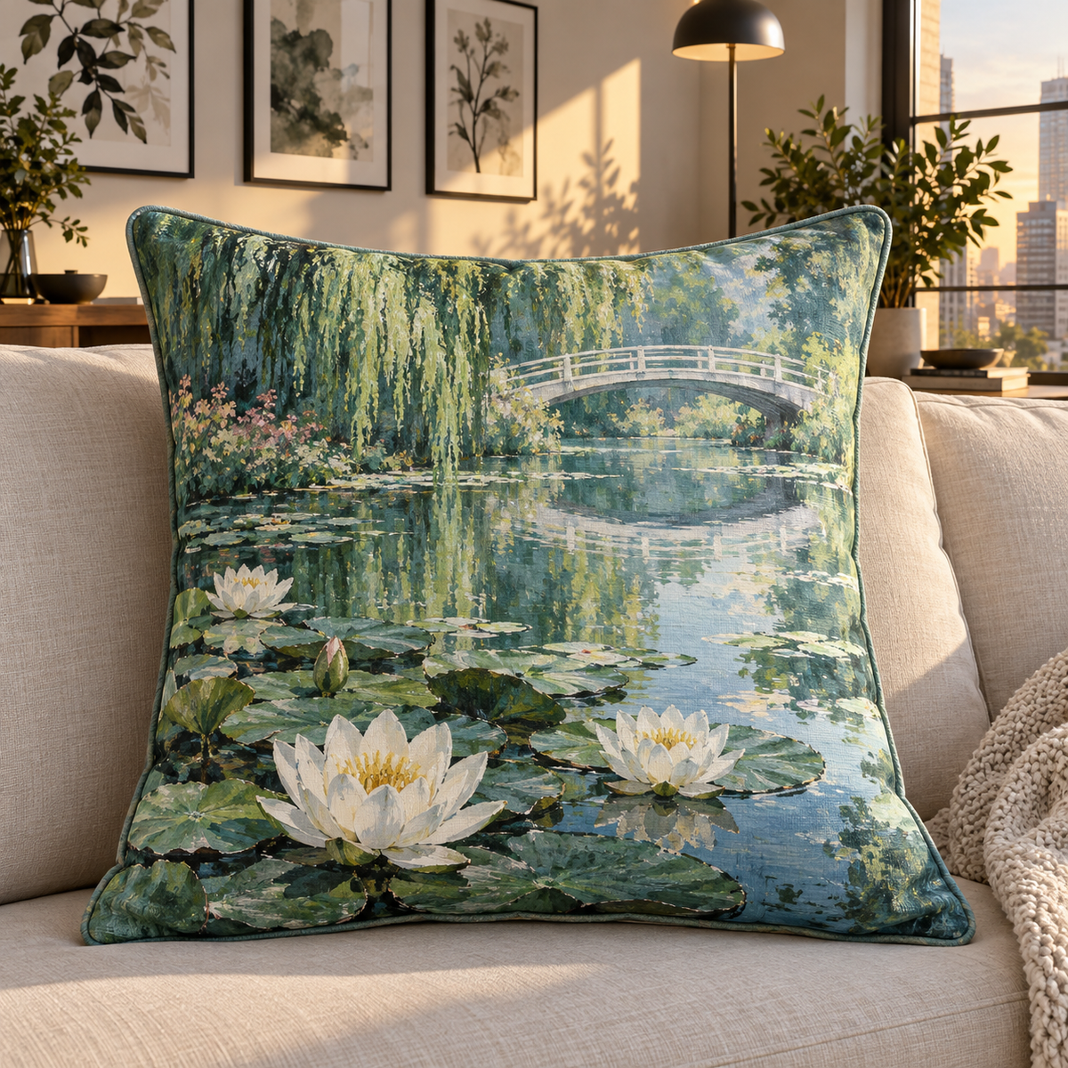 Lily Pond Apartment Gallery Quilted Cushion Cover with flat printed white water lilies over a deep teal pond