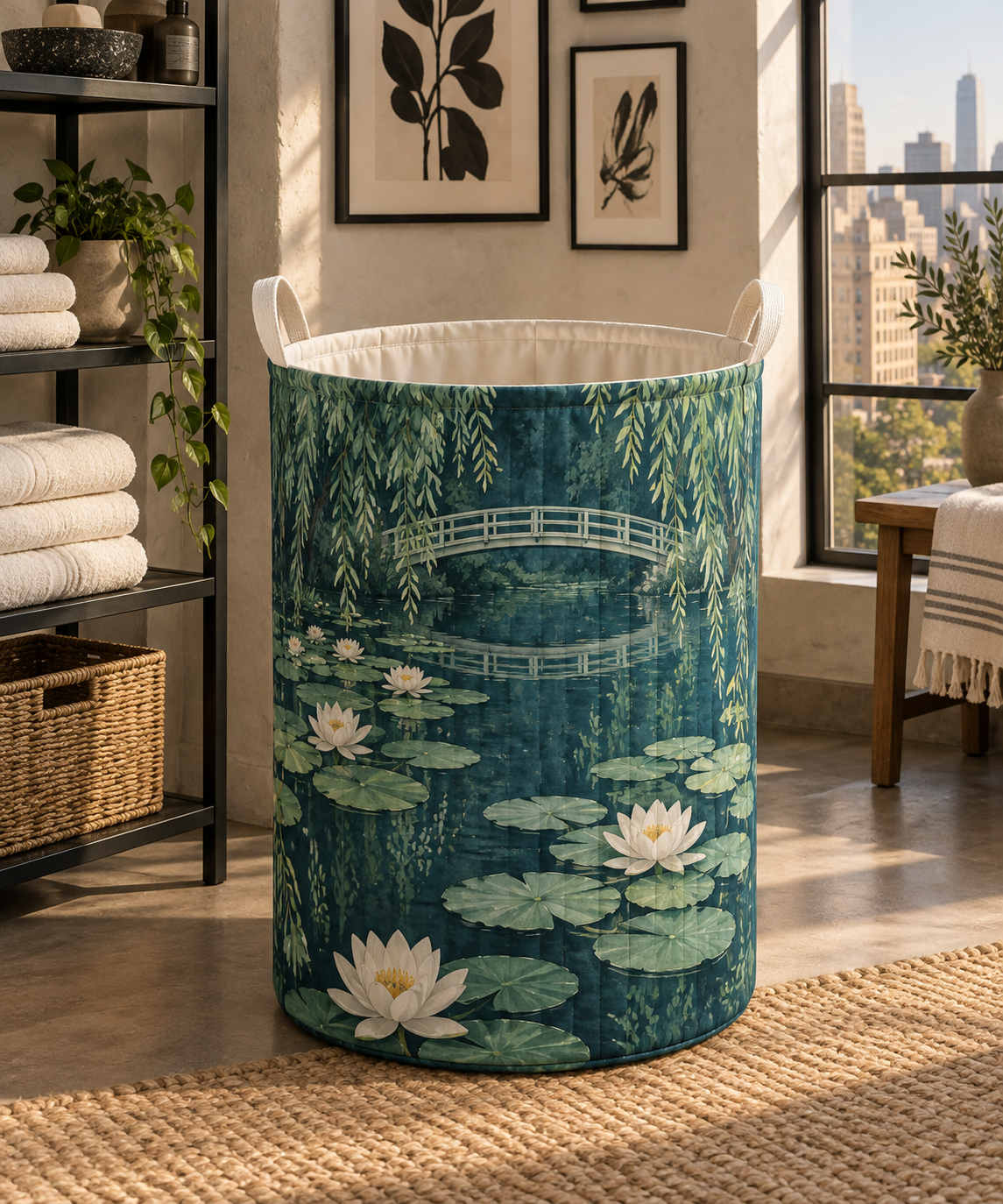 Lily Pond Apartment Gallery Laundry Hamper with flat printed white water lilies over a deep teal pond