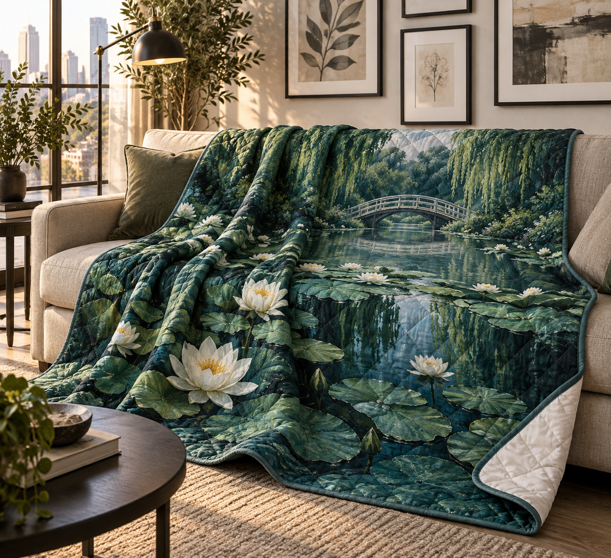 Lily Pond Apartment Gallery Quilt Blanket with flat printed white water lilies over a deep teal pond