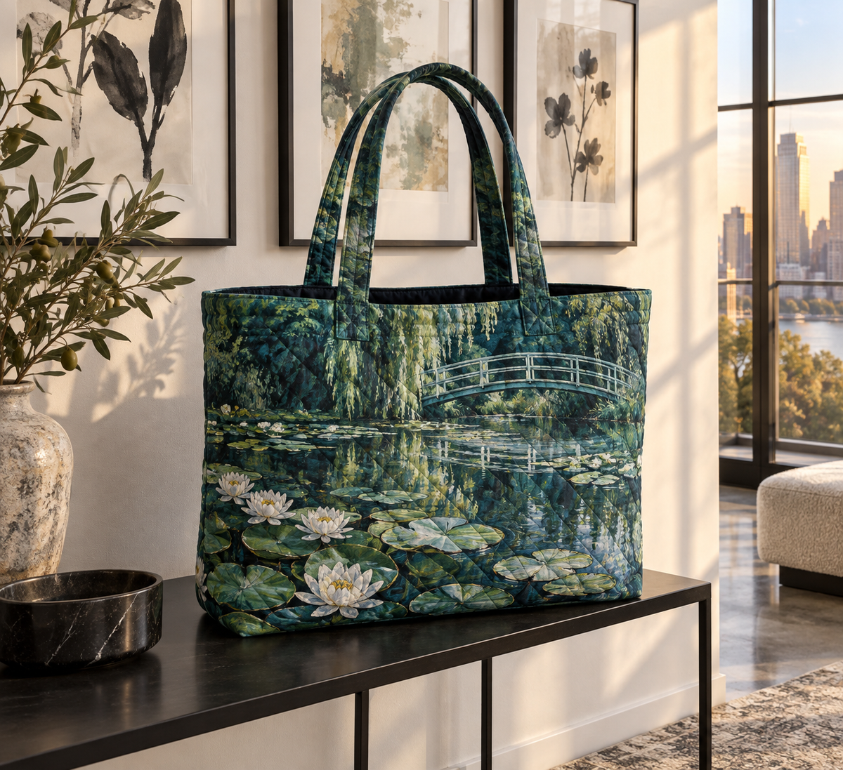 Lily Pond Apartment Gallery Quilted Tote Bag with flat printed white water lilies over a deep teal pond