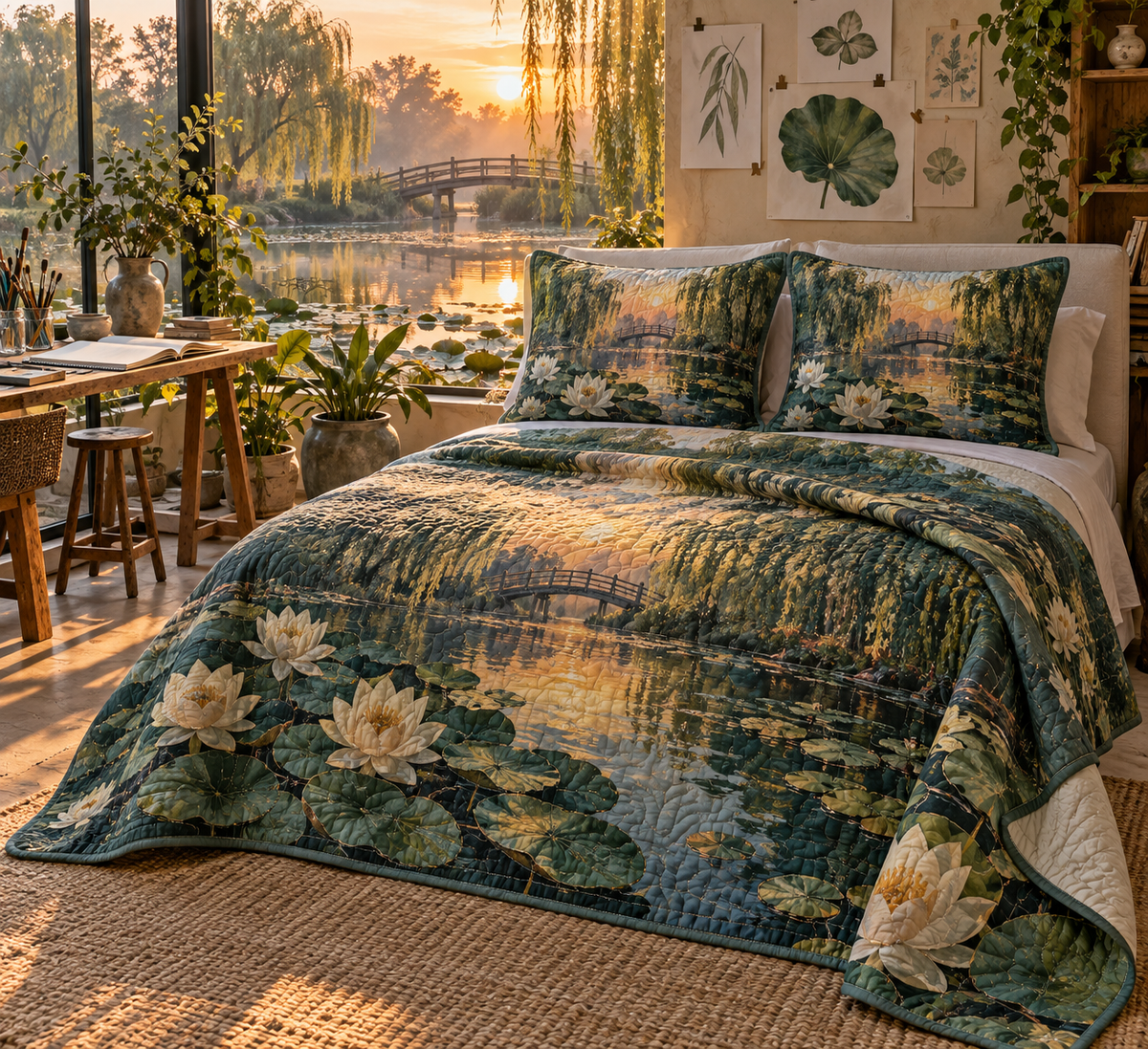 Lily Pond Hobby Studio Quilted Bedding Set with flat printed ivory water lilies over a deep jade pond