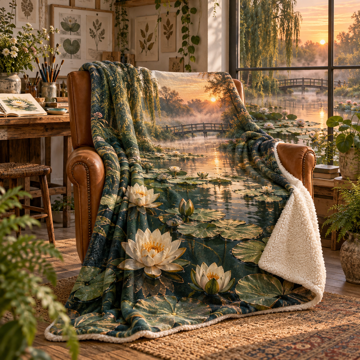 Lily Pond Hobby Studio Sherpa & Fleece Blanket with flat printed ivory water lilies over a deep jade pond