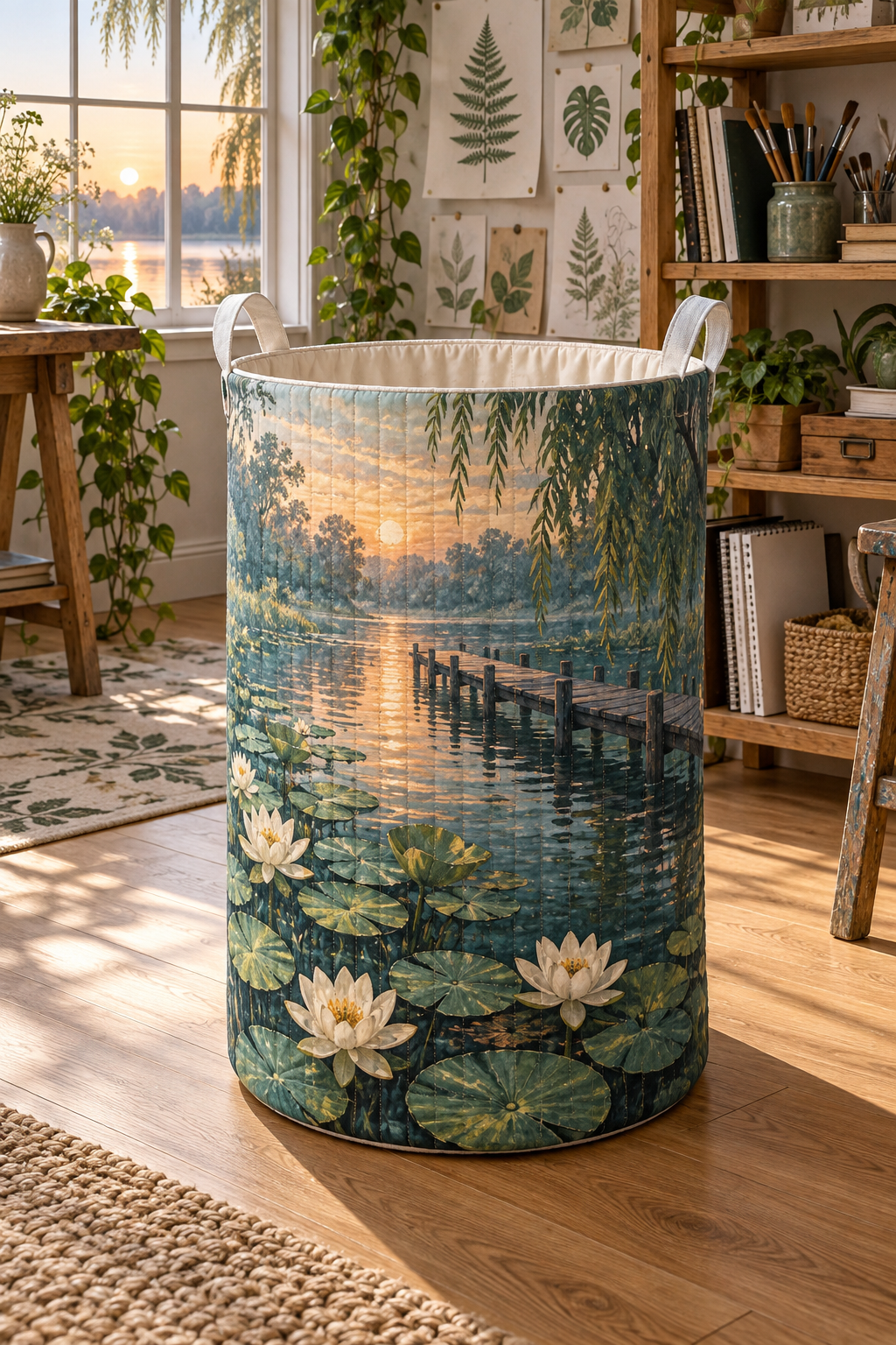 Lily Pond Hobby Studio Laundry Hamper with flat printed ivory water lilies over a deep jade pond