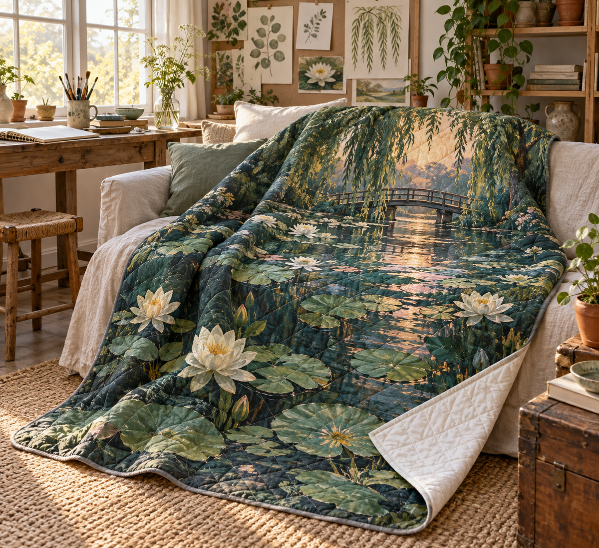 Lily Pond Hobby Studio Quilt Blanket with flat printed ivory water lilies over a deep jade pond
