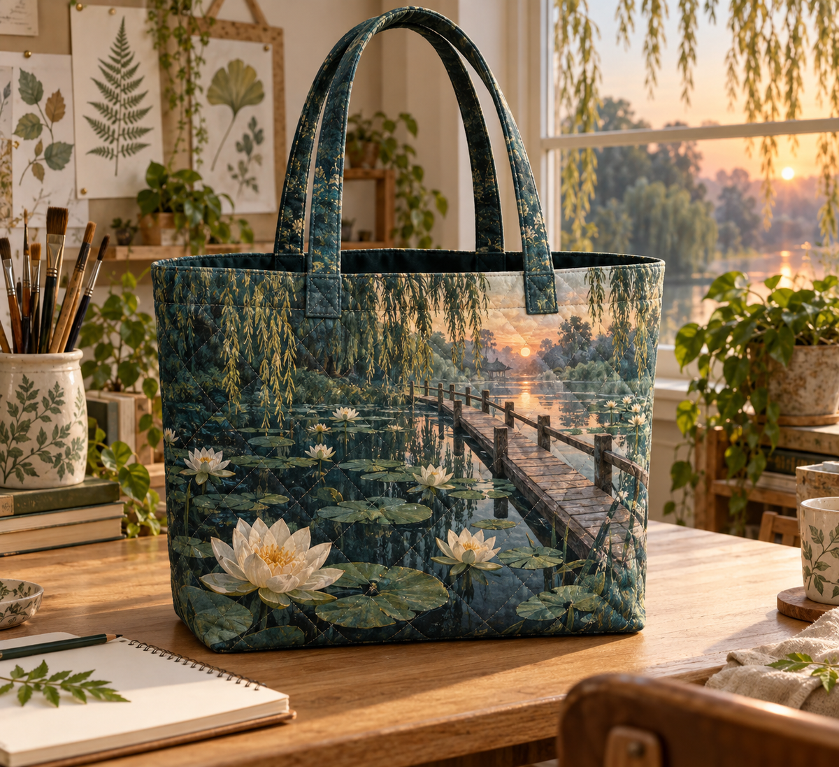 Lily Pond Hobby Studio Quilted Tote Bag with flat printed ivory water lilies over a deep jade pond