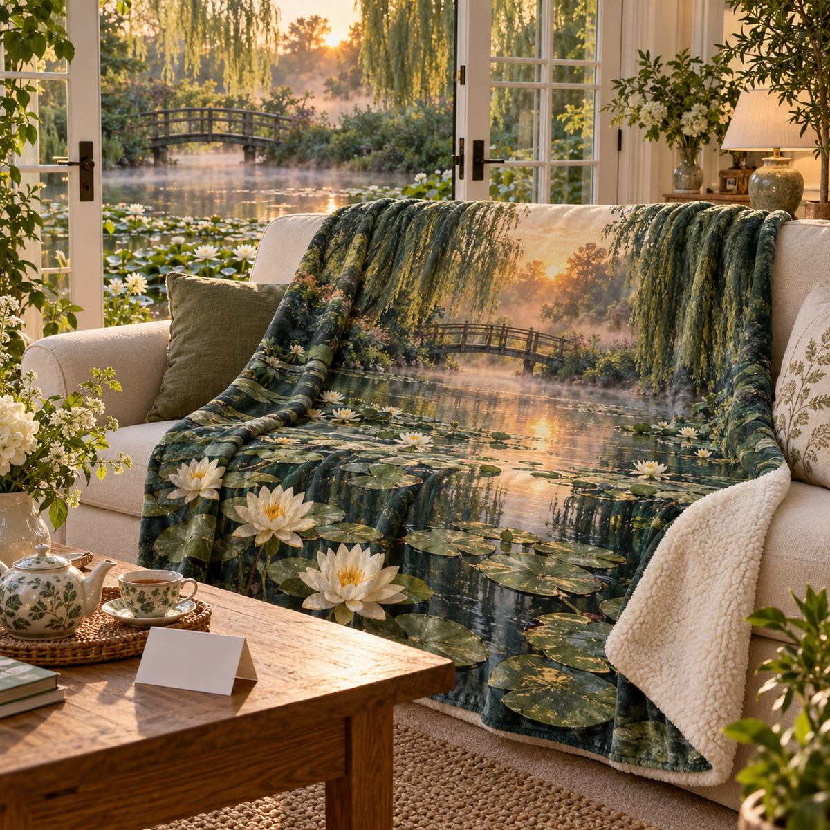 Lily Pond Host Thank You Sherpa & Fleece Blanket with flat printed ivory water lilies over a deep jade pond