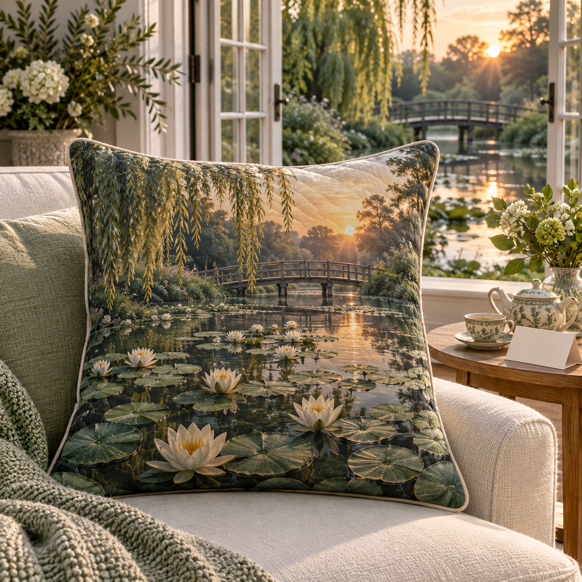 Lily Pond Host Thank You Quilted Cushion Cover with flat printed ivory water lilies over a deep jade pond