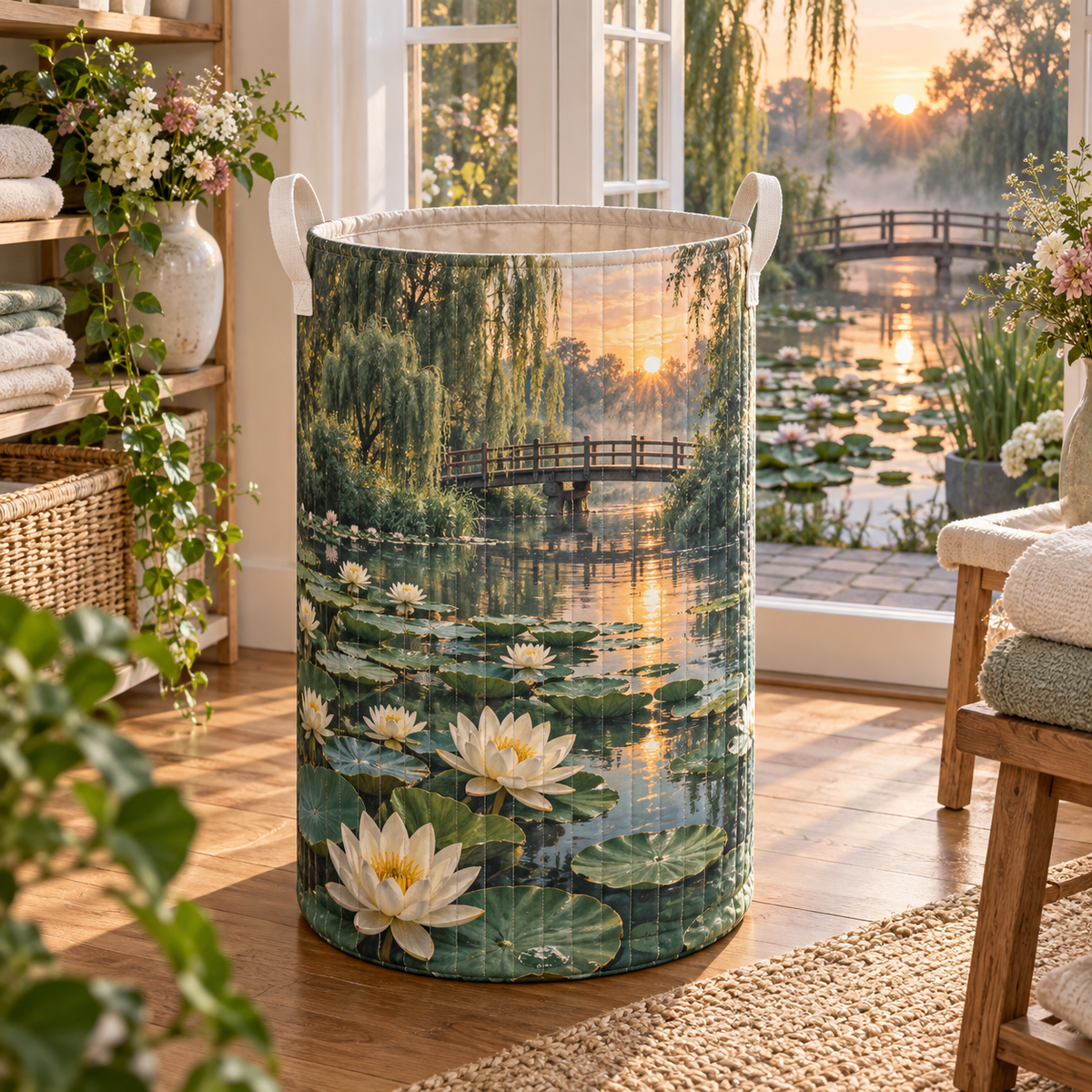 Lily Pond Host Thank You Laundry Hamper with flat printed ivory water lilies over a deep jade pond