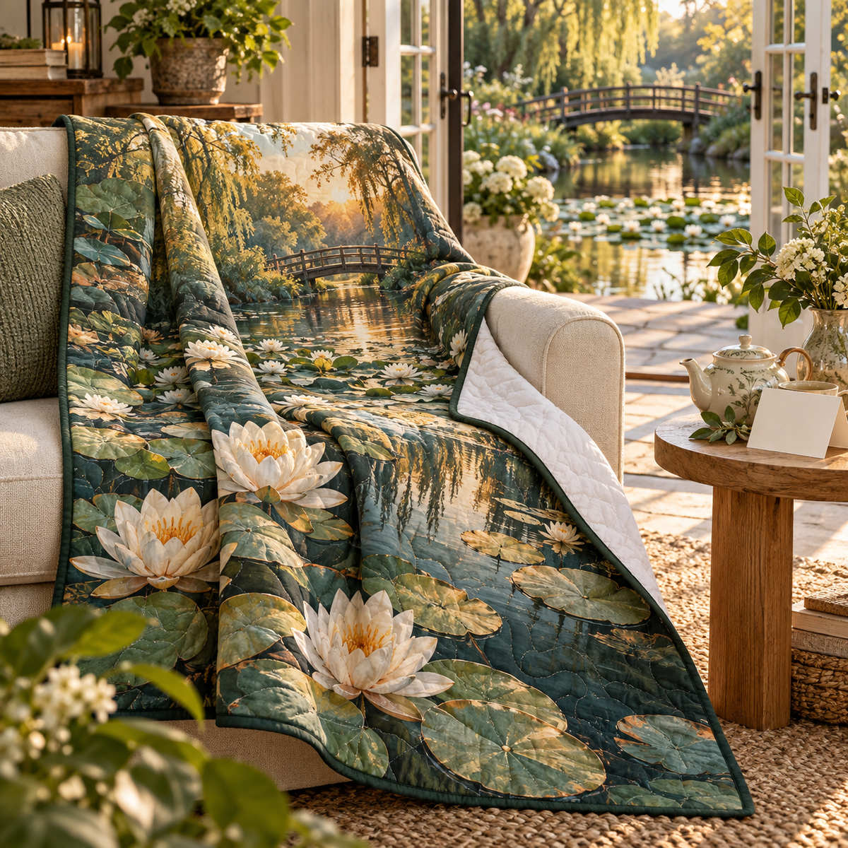 Lily Pond Host Thank You Quilt Blanket with flat printed ivory water lilies over a deep jade pond