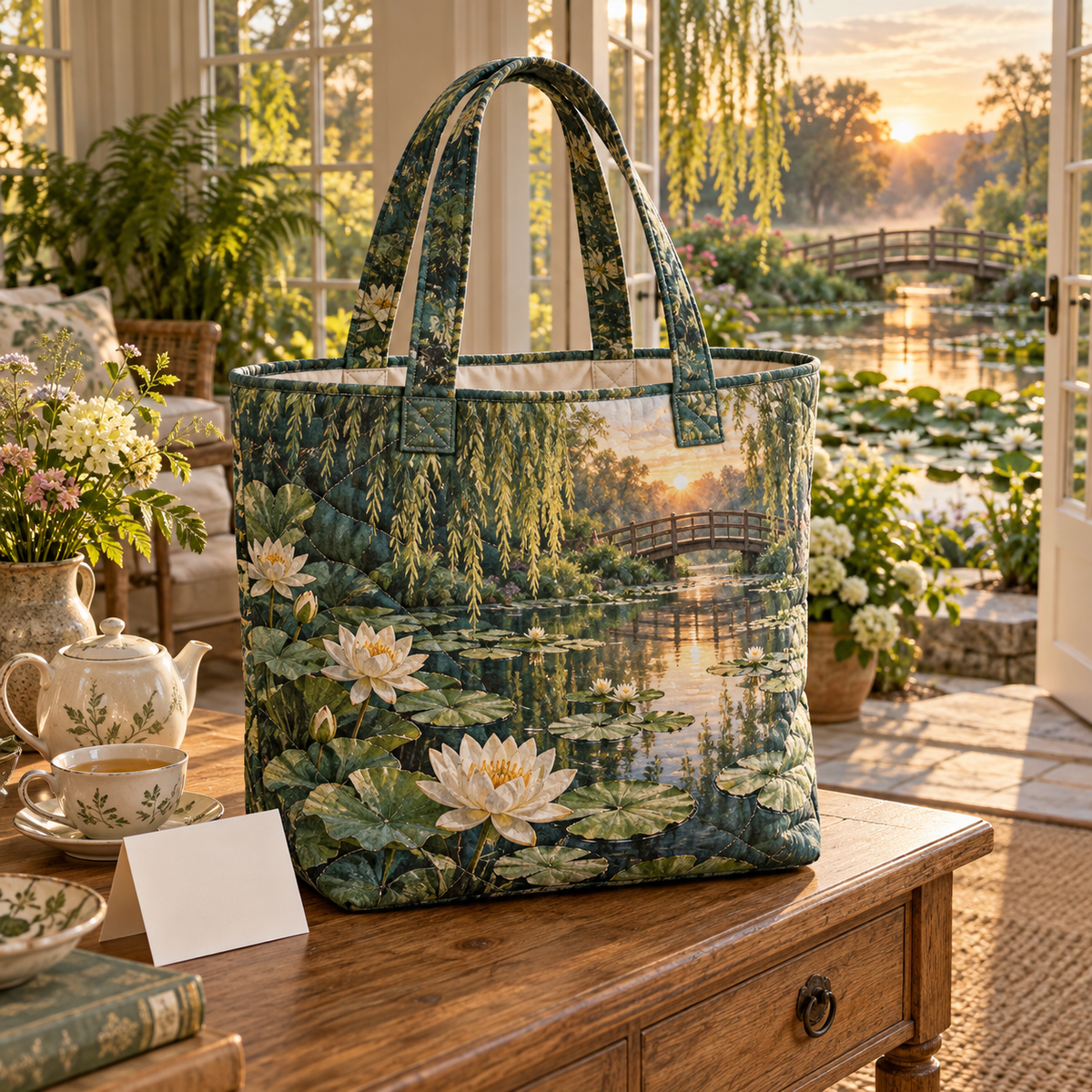 Lily Pond Host Thank You Quilted Tote Bag with flat printed ivory water lilies over a deep jade pond