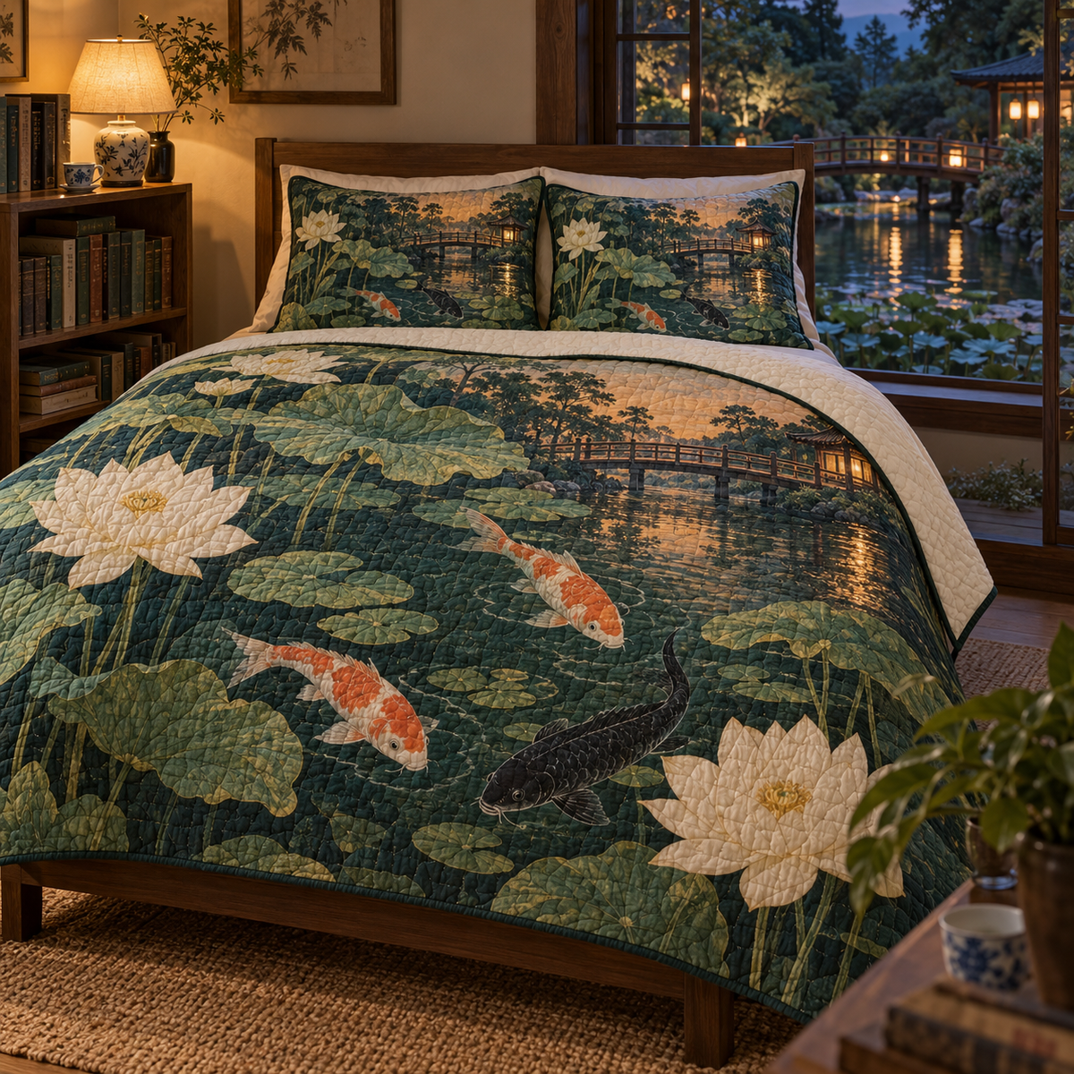 Koi Lotus Reading Nook Quilted Bedding Set with flat printed koi and lotus pond in a reading nook