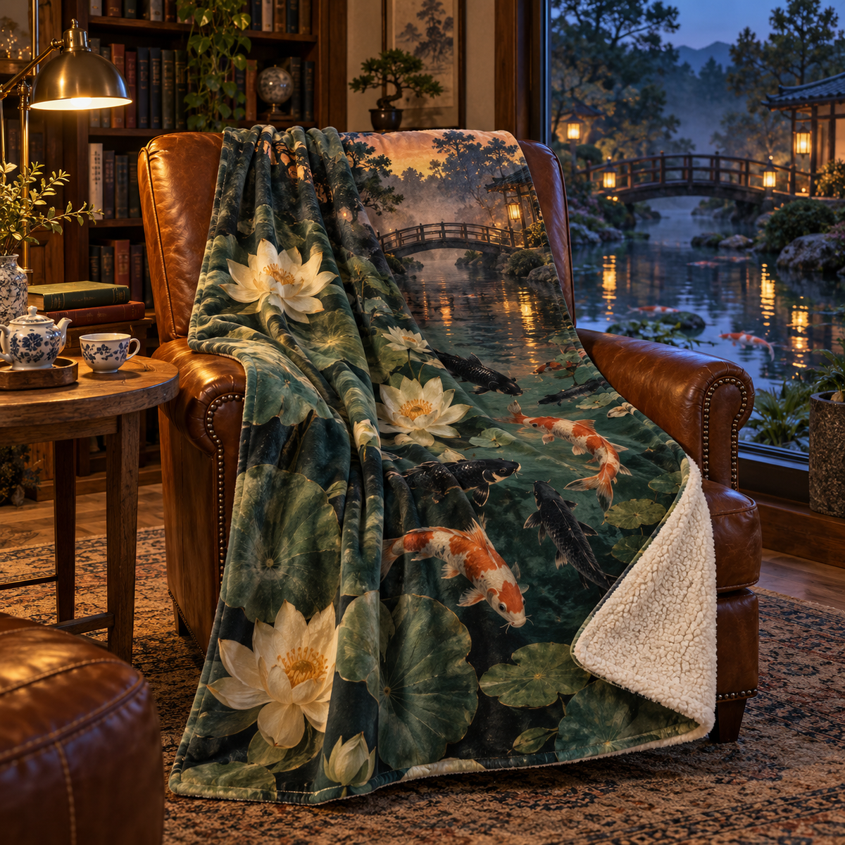 Koi Lotus Reading Nook Sherpa & Fleece Blanket with flat printed koi and lotus pond in a reading nook