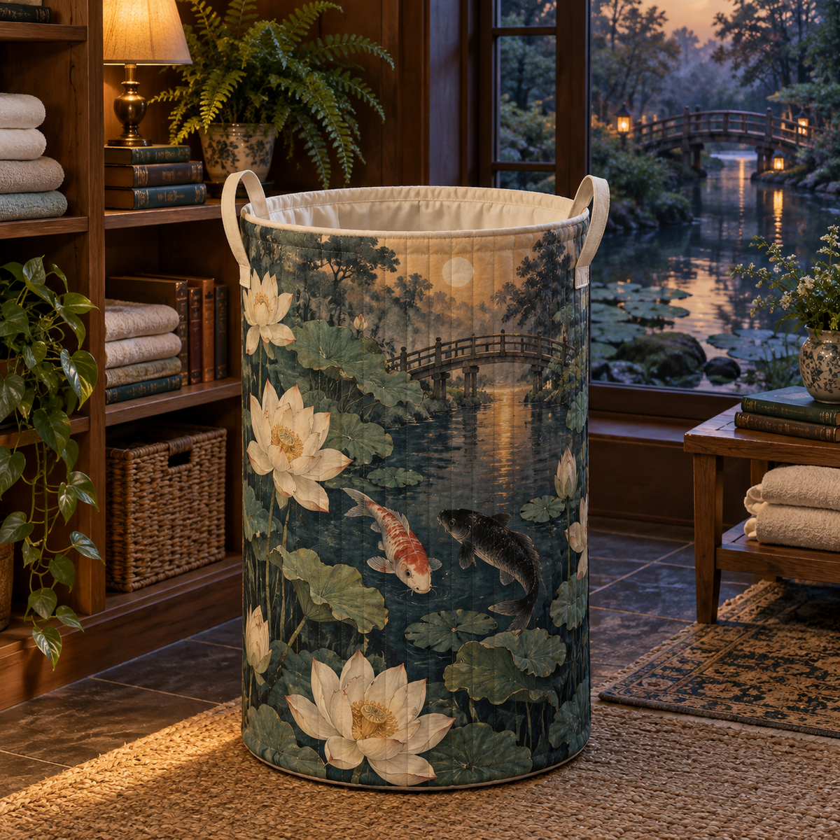 Koi Lotus Reading Nook Laundry Hamper with flat printed koi and lotus pond in a reading nook