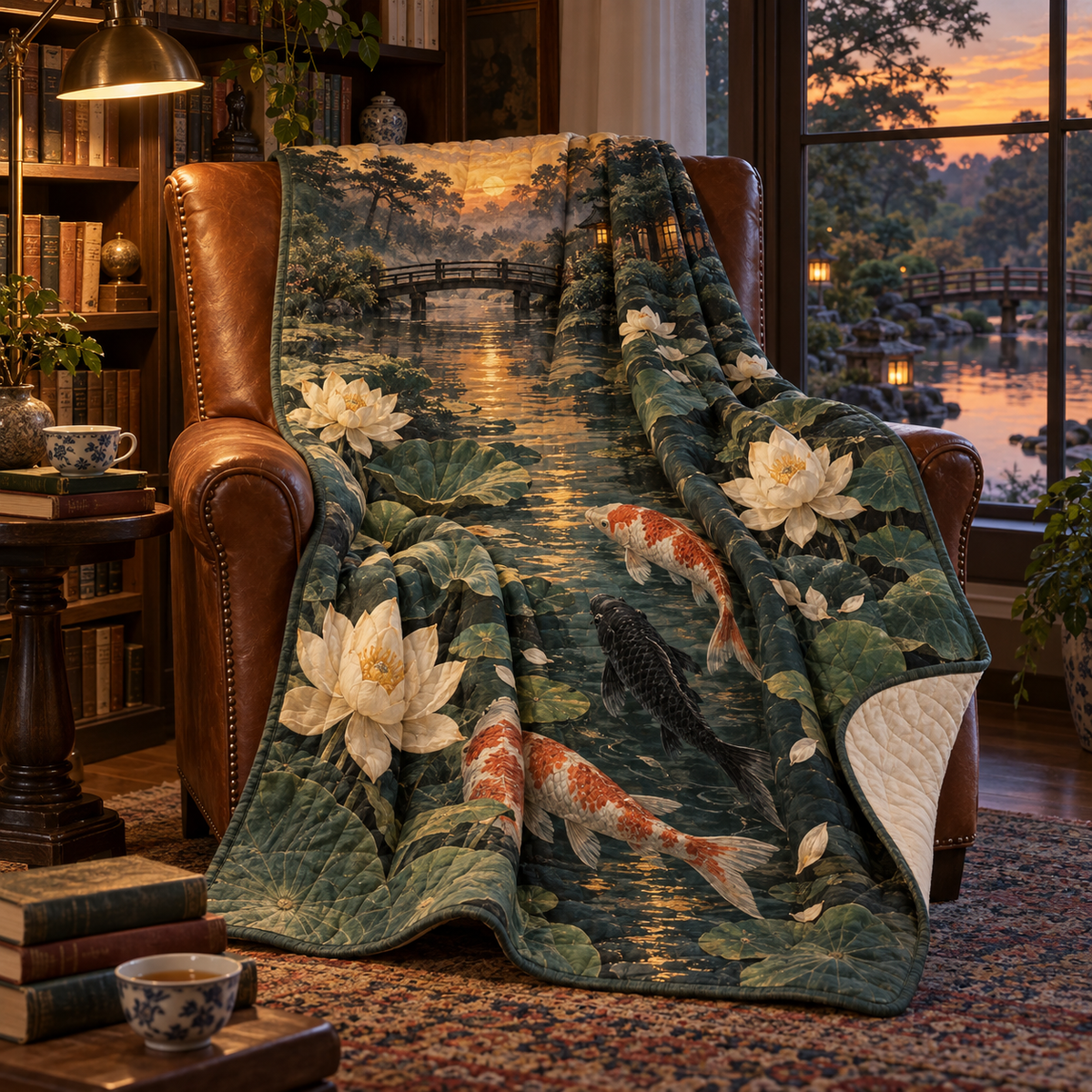Koi Lotus Reading Nook Quilt Blanket with flat printed koi and lotus pond in a reading nook