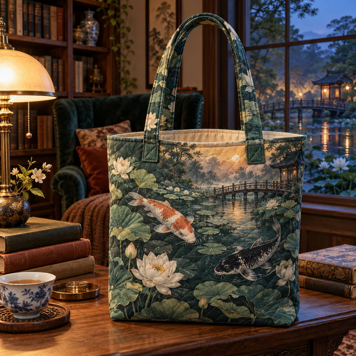 Koi Lotus Reading Nook Quilted Tote Bag with flat printed koi and lotus pond in a reading nook
