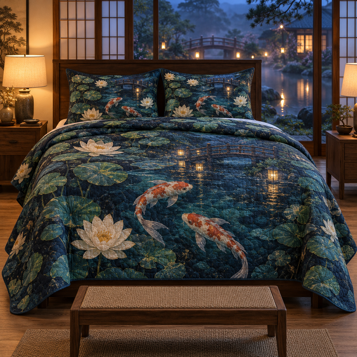 Koi Lotus Bedroom Quilted Bedding Set with flat printed koi and lotus pond for a bedroom