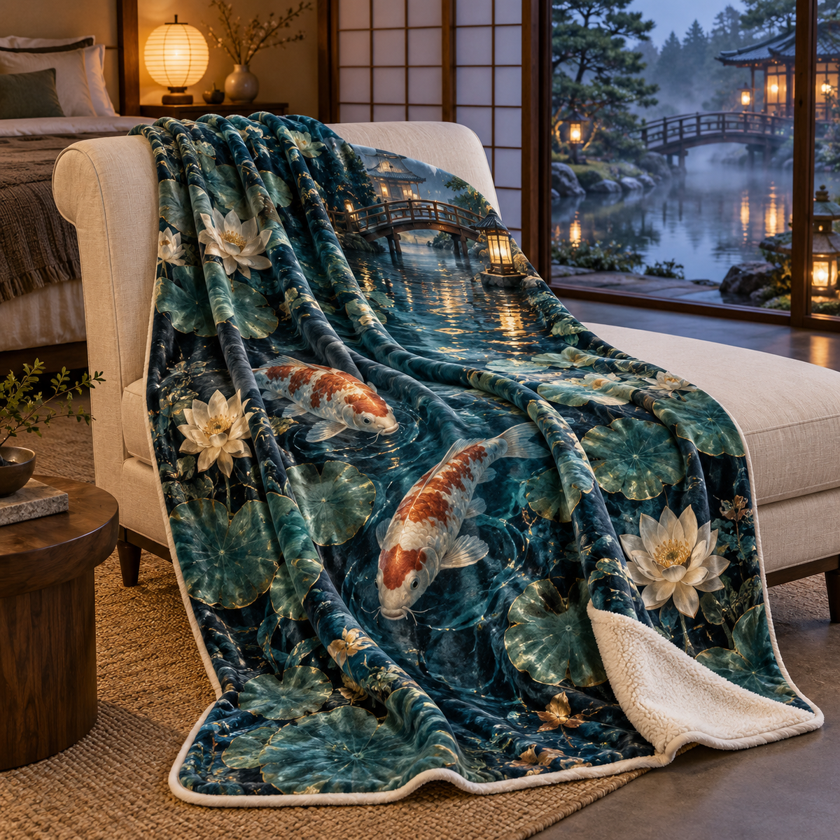 Koi Lotus Bedroom Sherpa & Fleece Blanket with flat printed koi and lotus pond for a bedroom