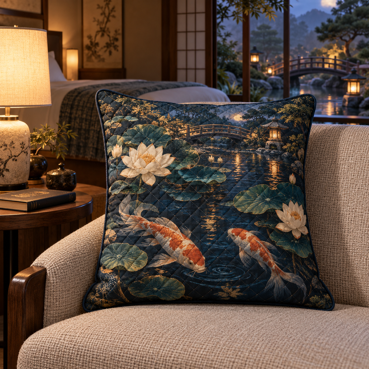 Koi Lotus Bedroom Quilted Cushion Cover with flat printed koi and lotus pond for a bedroom