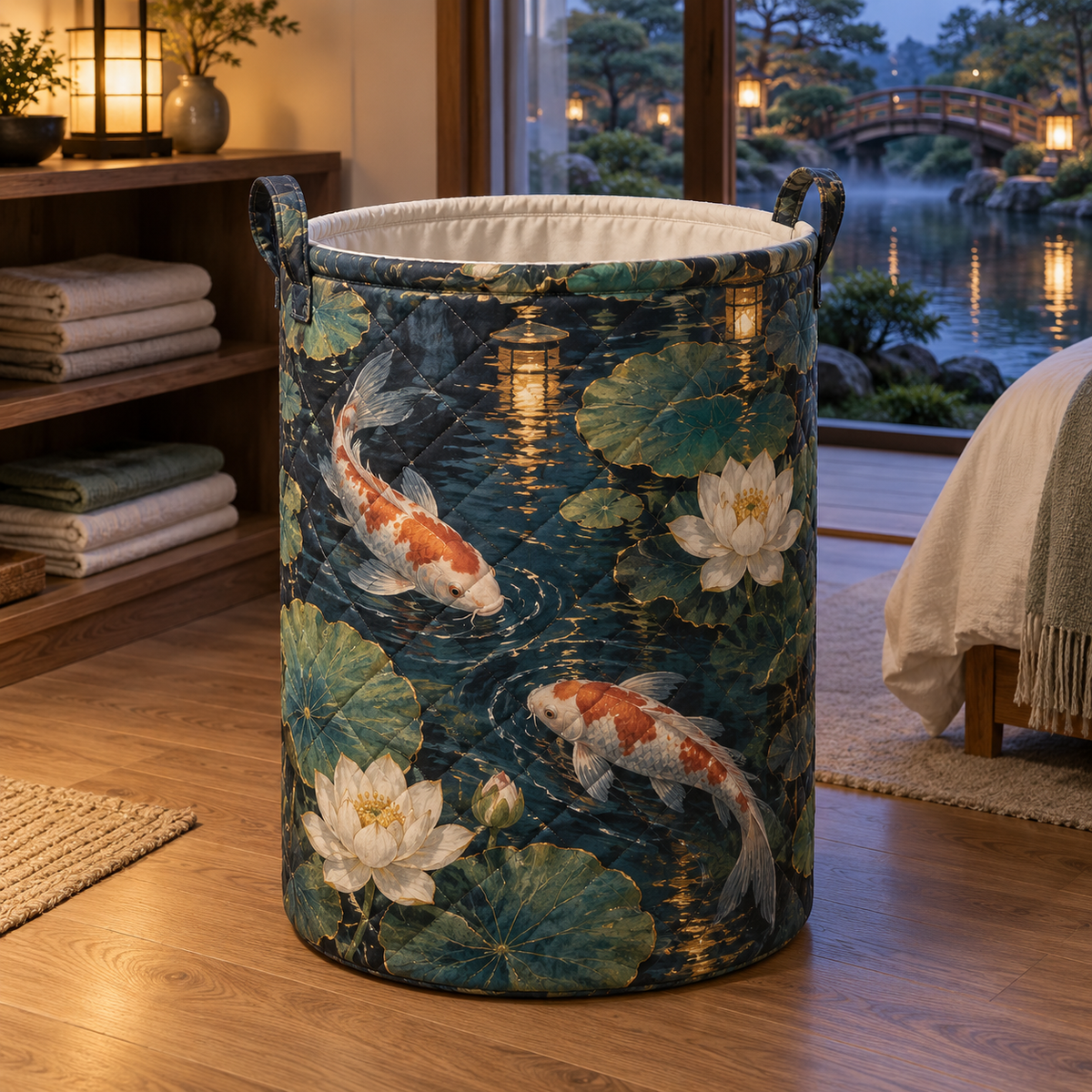 Koi Lotus Bedroom Laundry Hamper with flat printed koi and lotus pond for a bedroom