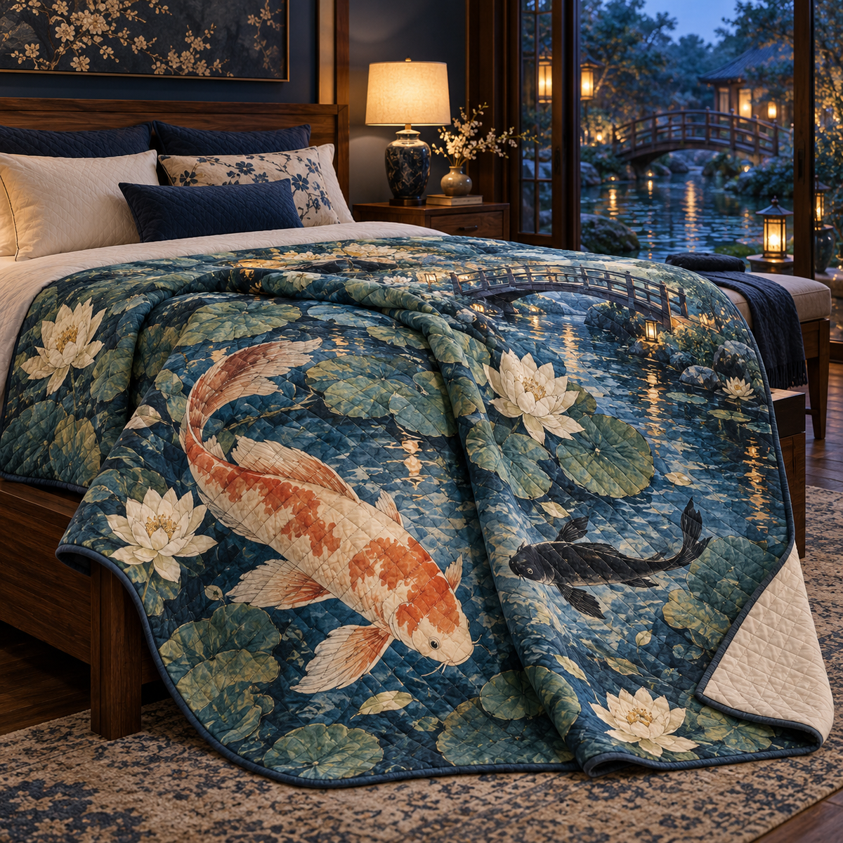 Koi Lotus Bedroom Quilt Blanket with flat printed koi and lotus pond for a bedroom