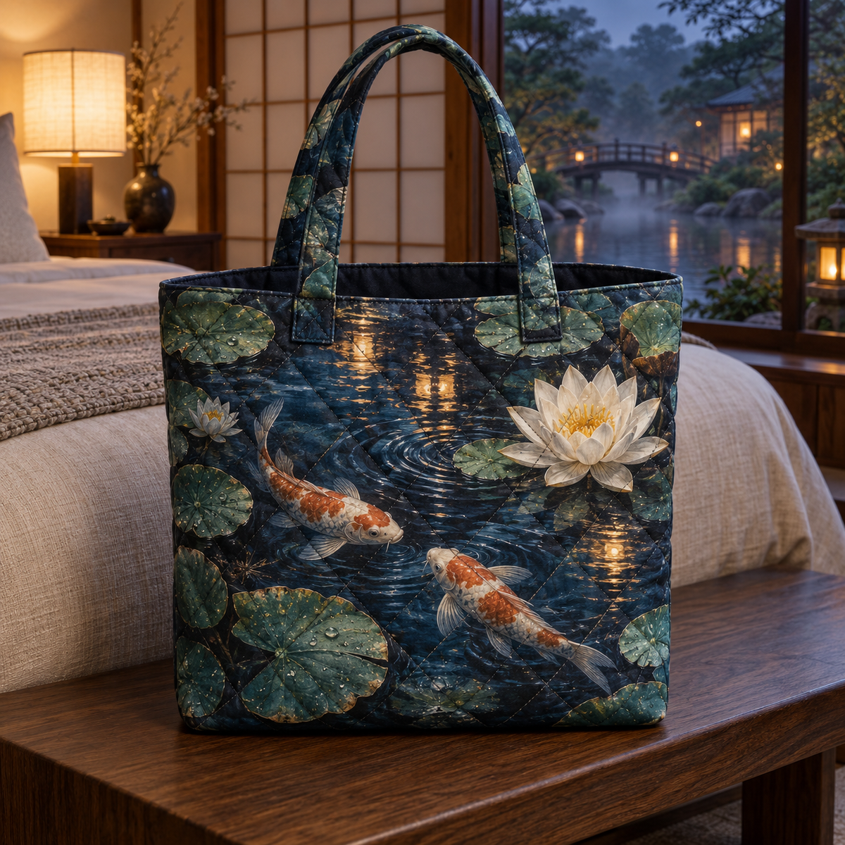 Koi Lotus Bedroom Quilted Tote Bag with flat printed koi and lotus pond for a bedroom
