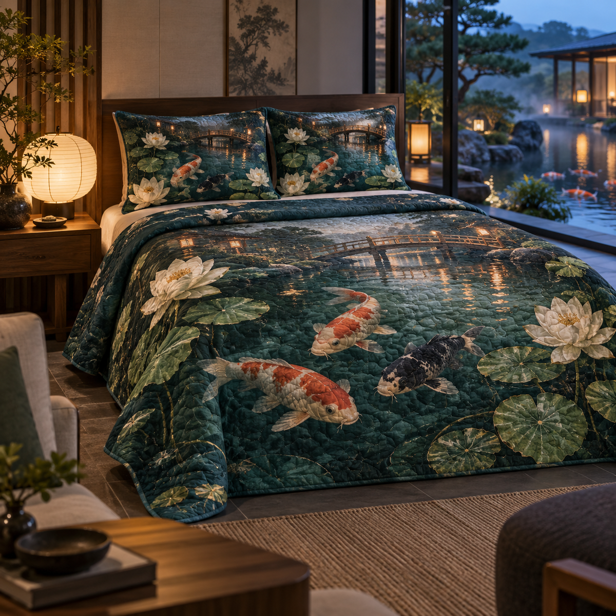 Koi Lotus Living Room Quilted Bedding Set with flat printed koi and lotus pond in a living room