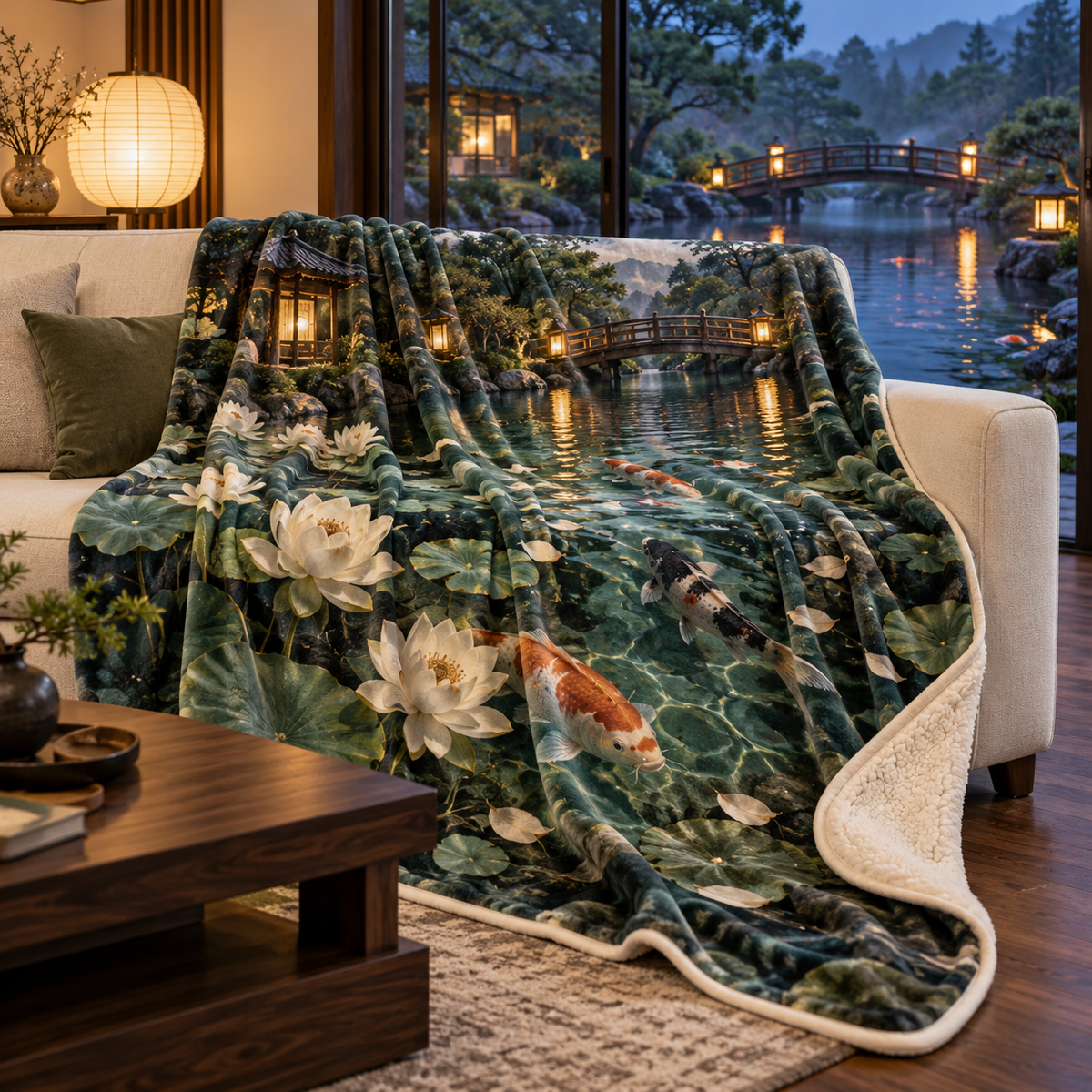 Koi Lotus Living Room Sherpa & Fleece Blanket with flat printed koi and lotus pond in a living room