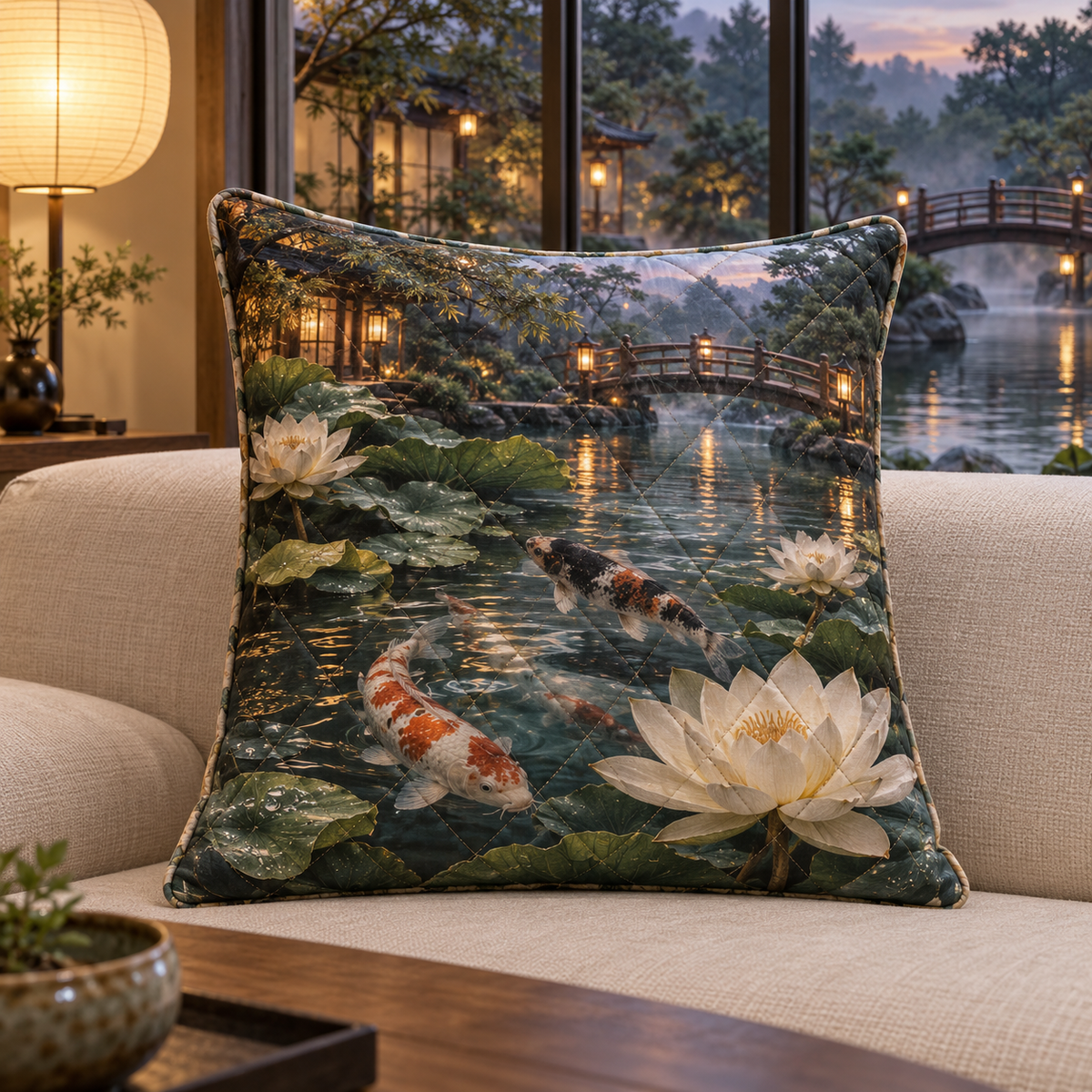 Koi Lotus Living Room Quilted Cushion Cover with flat printed koi and lotus pond in a living room