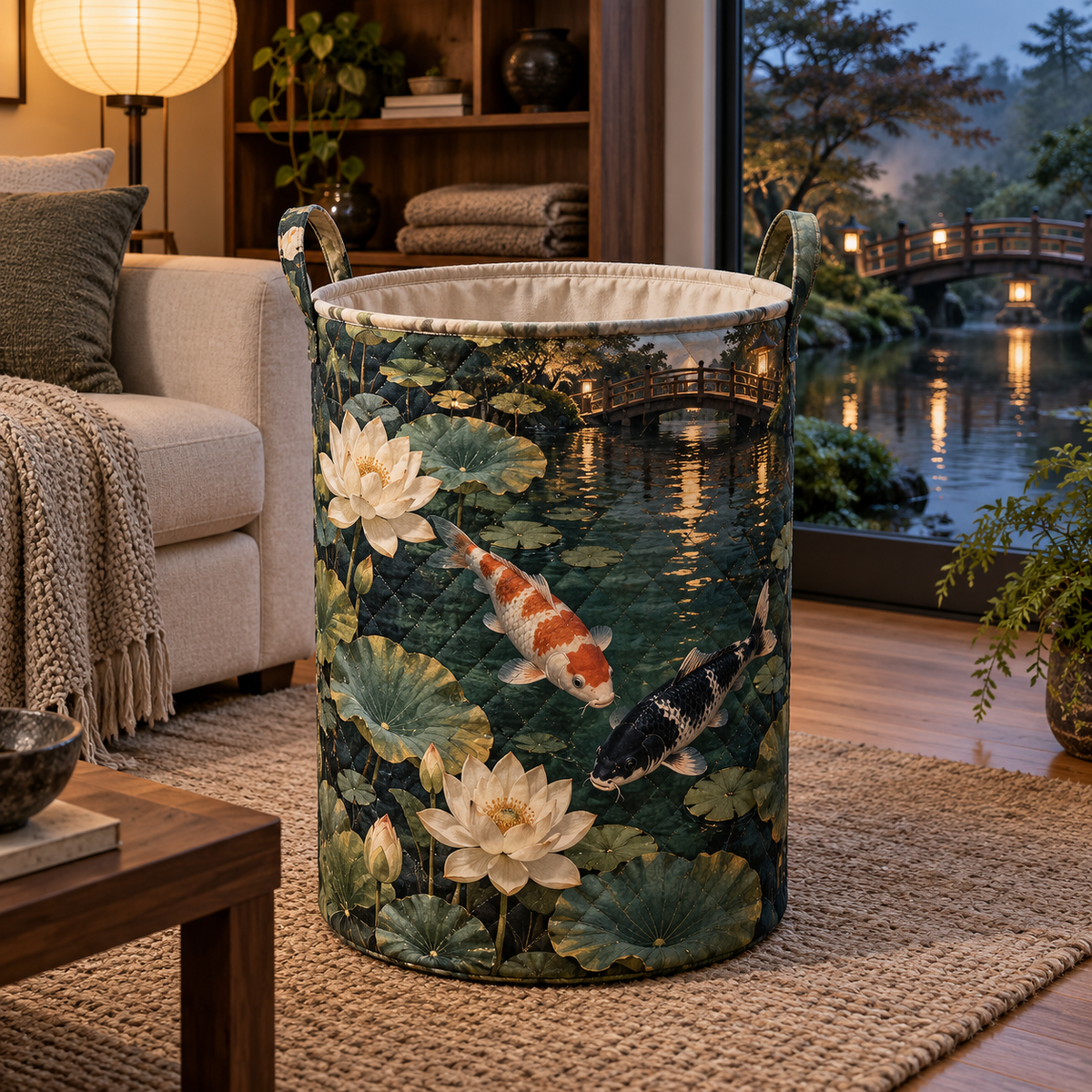 Koi Lotus Living Room Laundry Hamper with flat printed koi and lotus pond in a living room