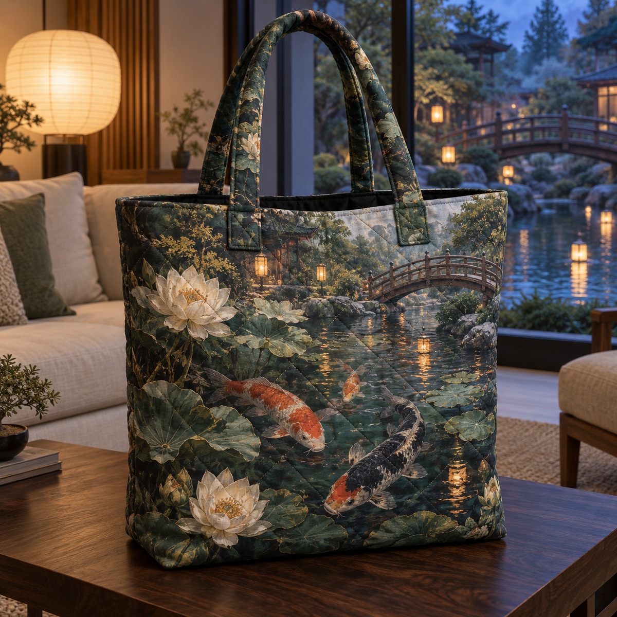 Koi Lotus Living Room Quilted Tote Bag with flat printed koi and lotus pond in a living room