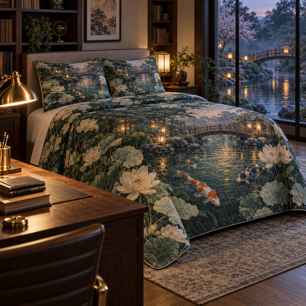 Koi Lotus Home Office Quilted Bedding Set with flat printed koi and lotus pond in a home office