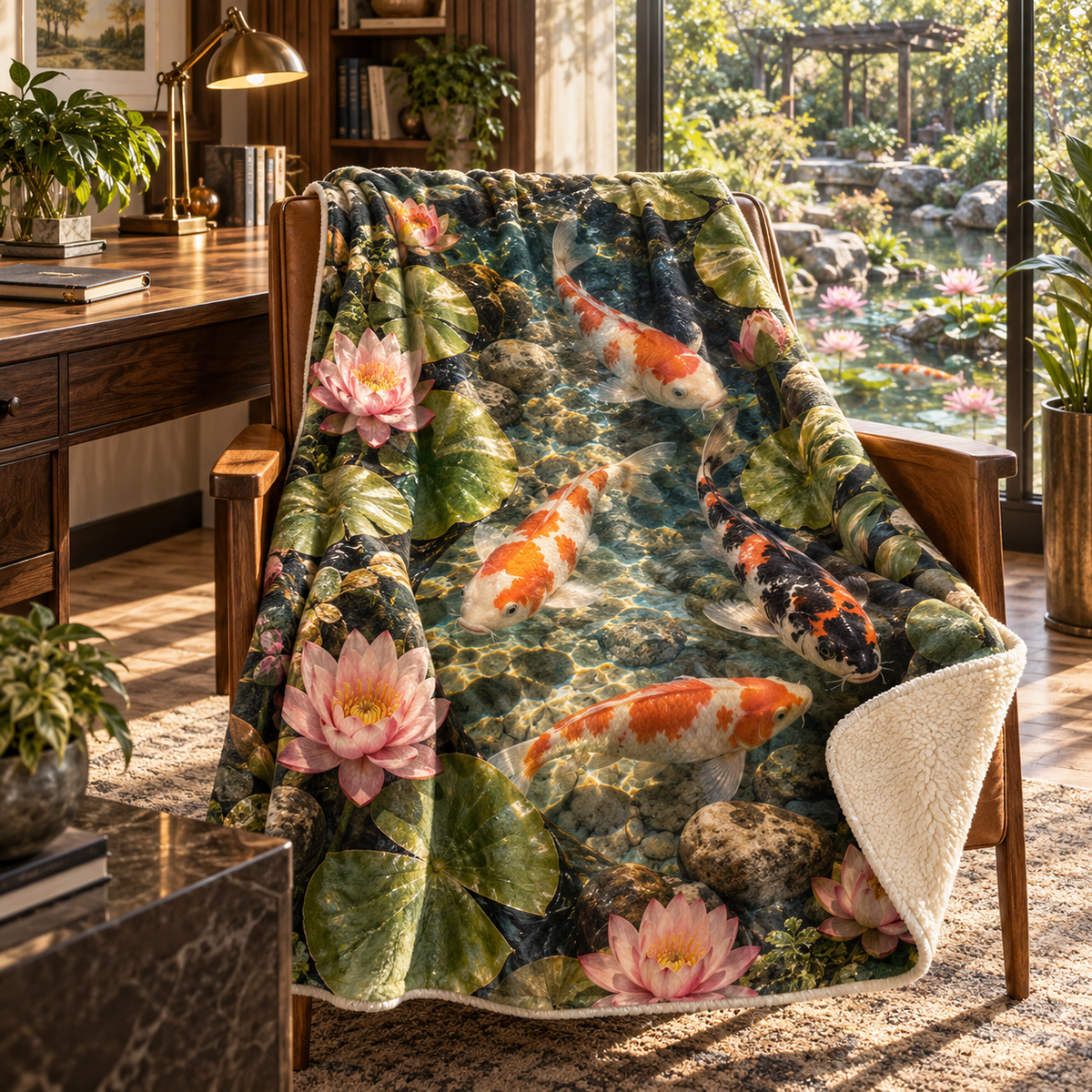 Koi Lotus Home Office Sherpa & Fleece Blanket with flat printed koi and lotus pond in a home office
