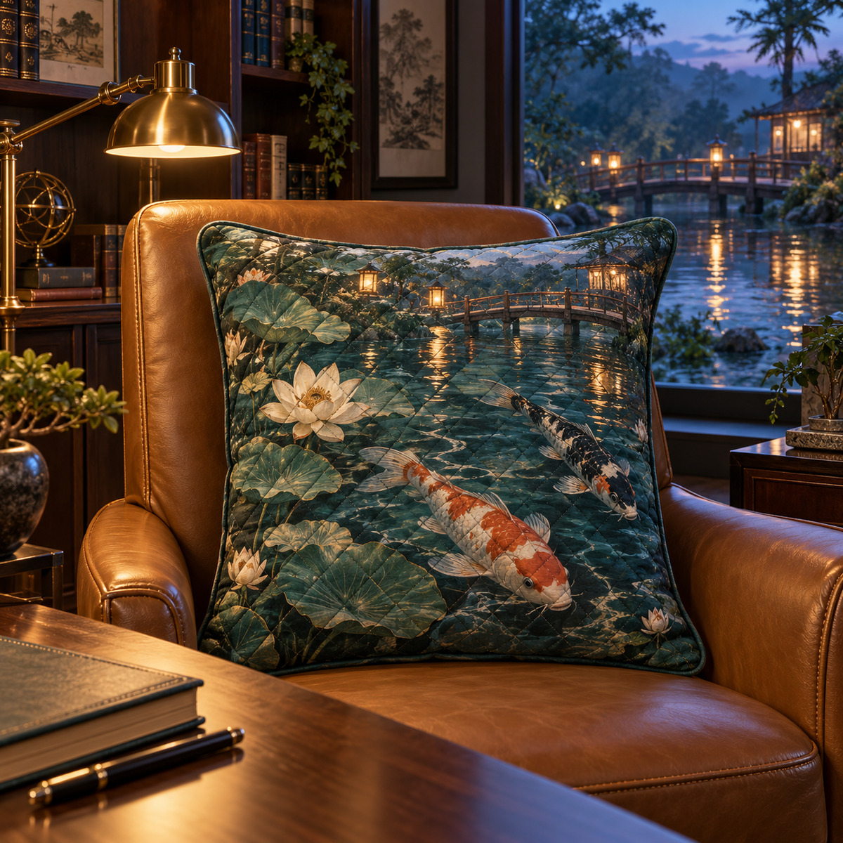 Koi Lotus Home Office Quilted Cushion Cover with flat printed koi and lotus pond in a home office