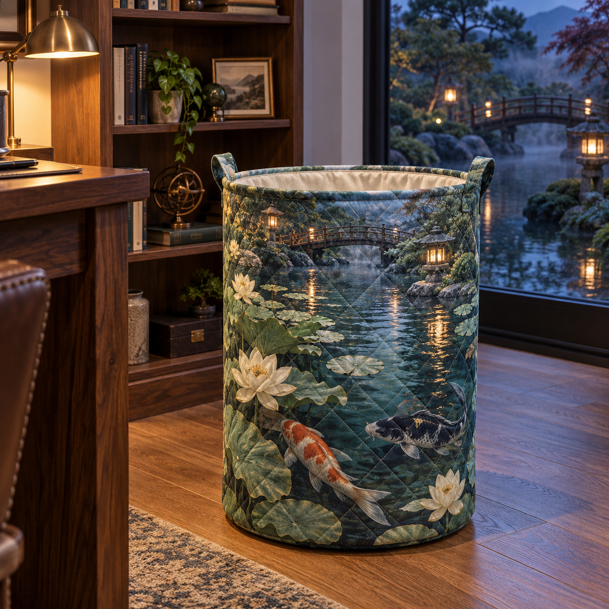 Koi Lotus Home Office Laundry Hamper with flat printed koi and lotus pond in a home office