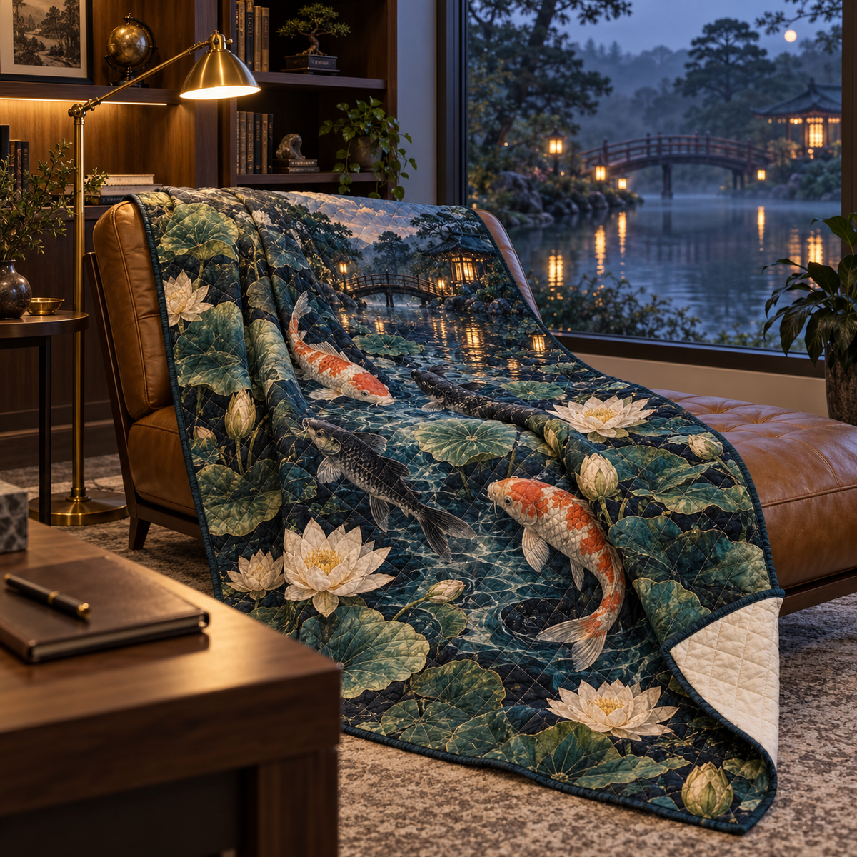 Koi Lotus Home Office Quilt Blanket with flat printed koi and lotus pond in a home office