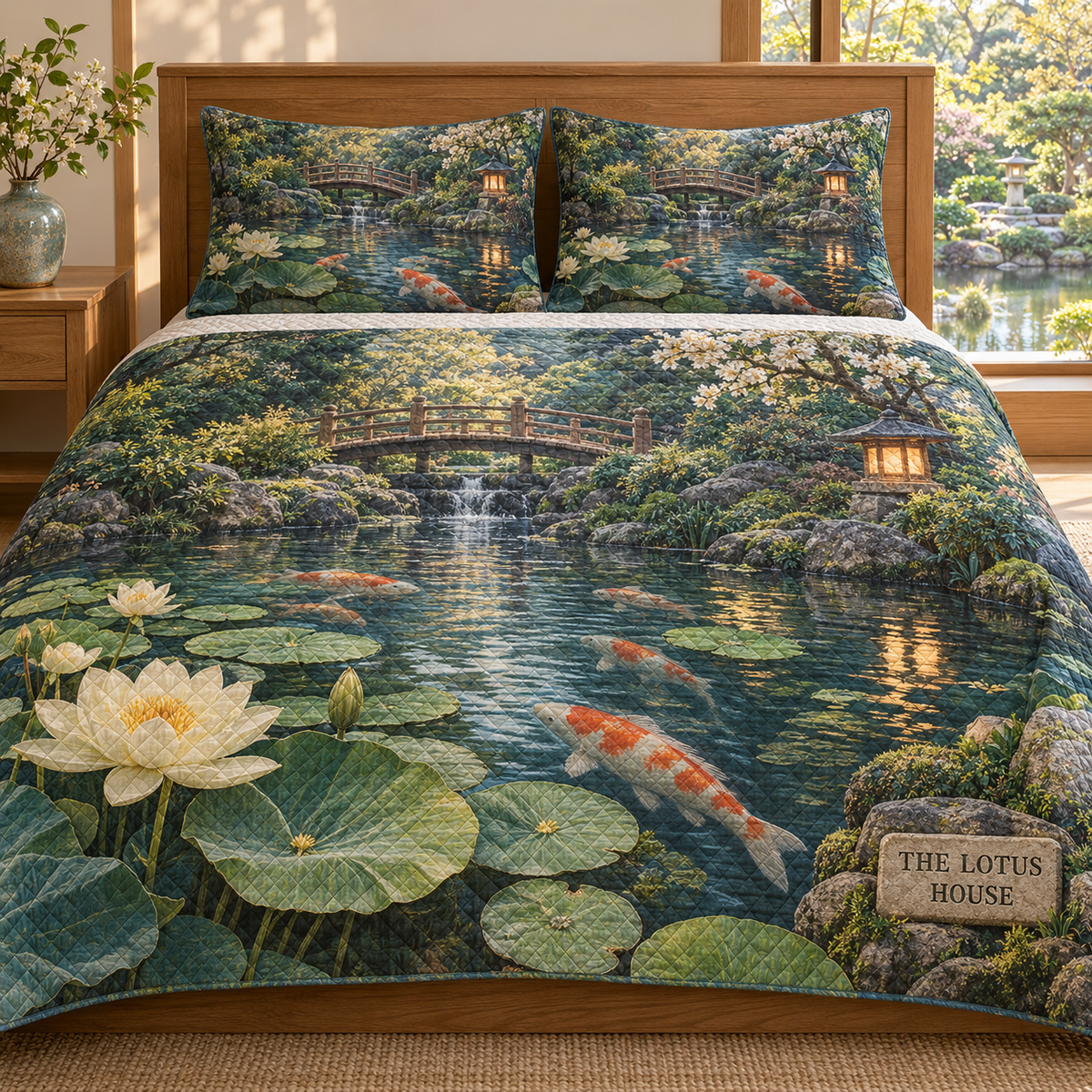 Koi Lotus Housewarming Quilted Bedding Set with flat printed koi and lotus garden and sample household name