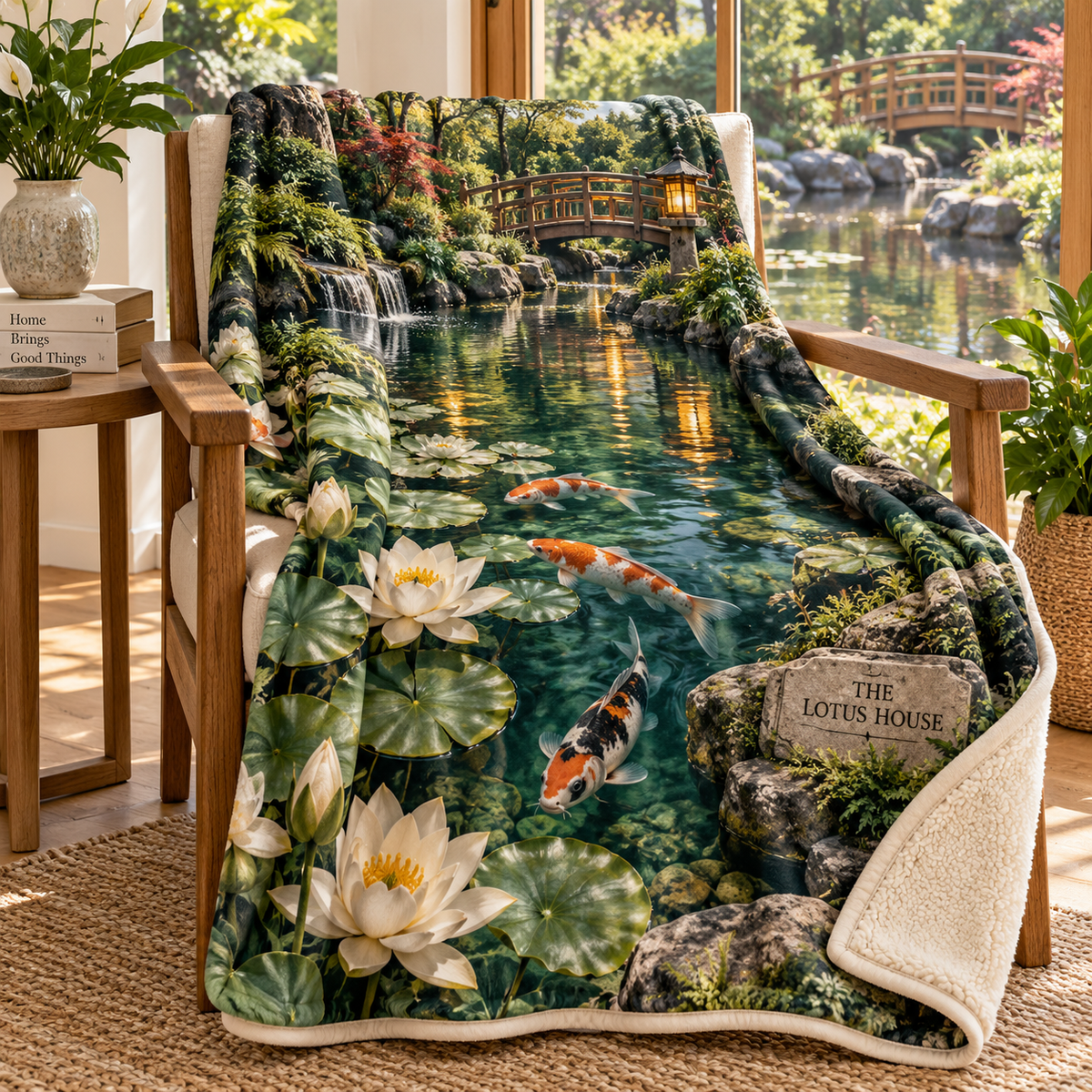Koi Lotus Housewarming Sherpa & Fleece Blanket with flat printed koi and lotus garden and sample household name