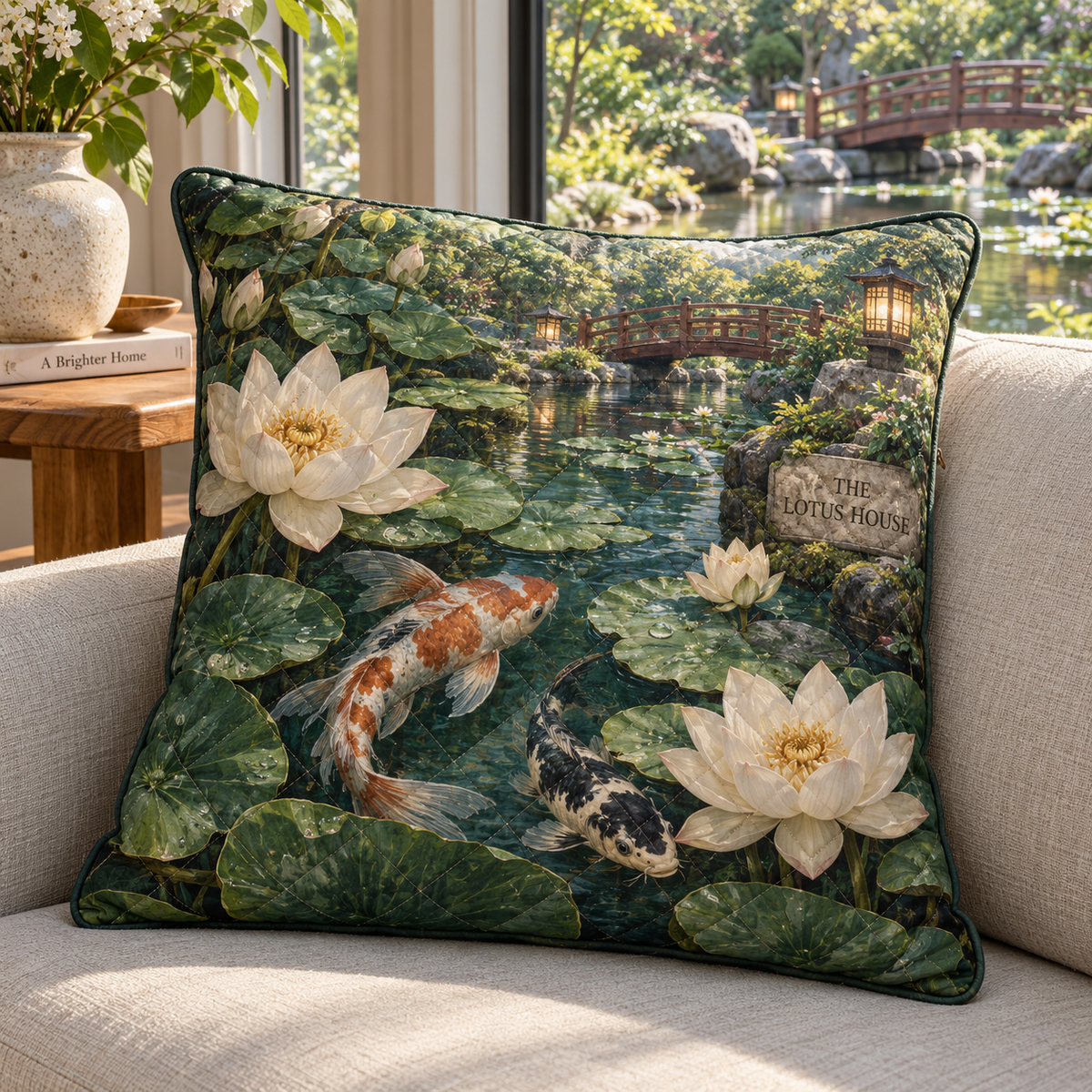 Koi Lotus Housewarming Quilted Cushion Cover with flat printed koi and lotus garden and sample household name