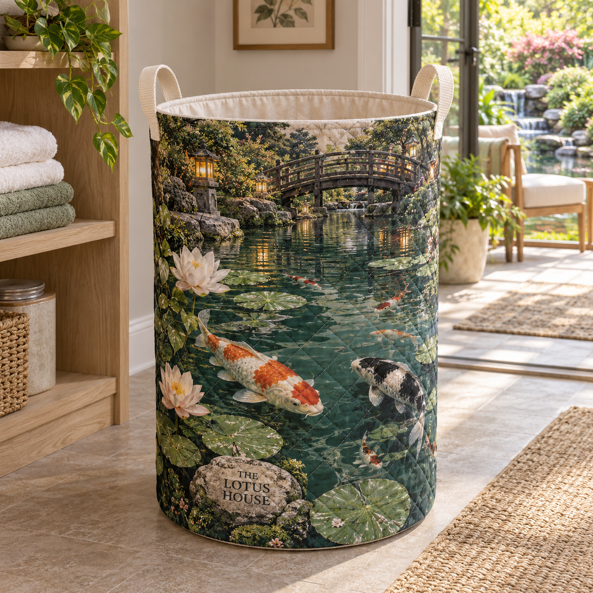 Koi Lotus Housewarming Laundry Hamper with flat printed koi and lotus garden and sample household name