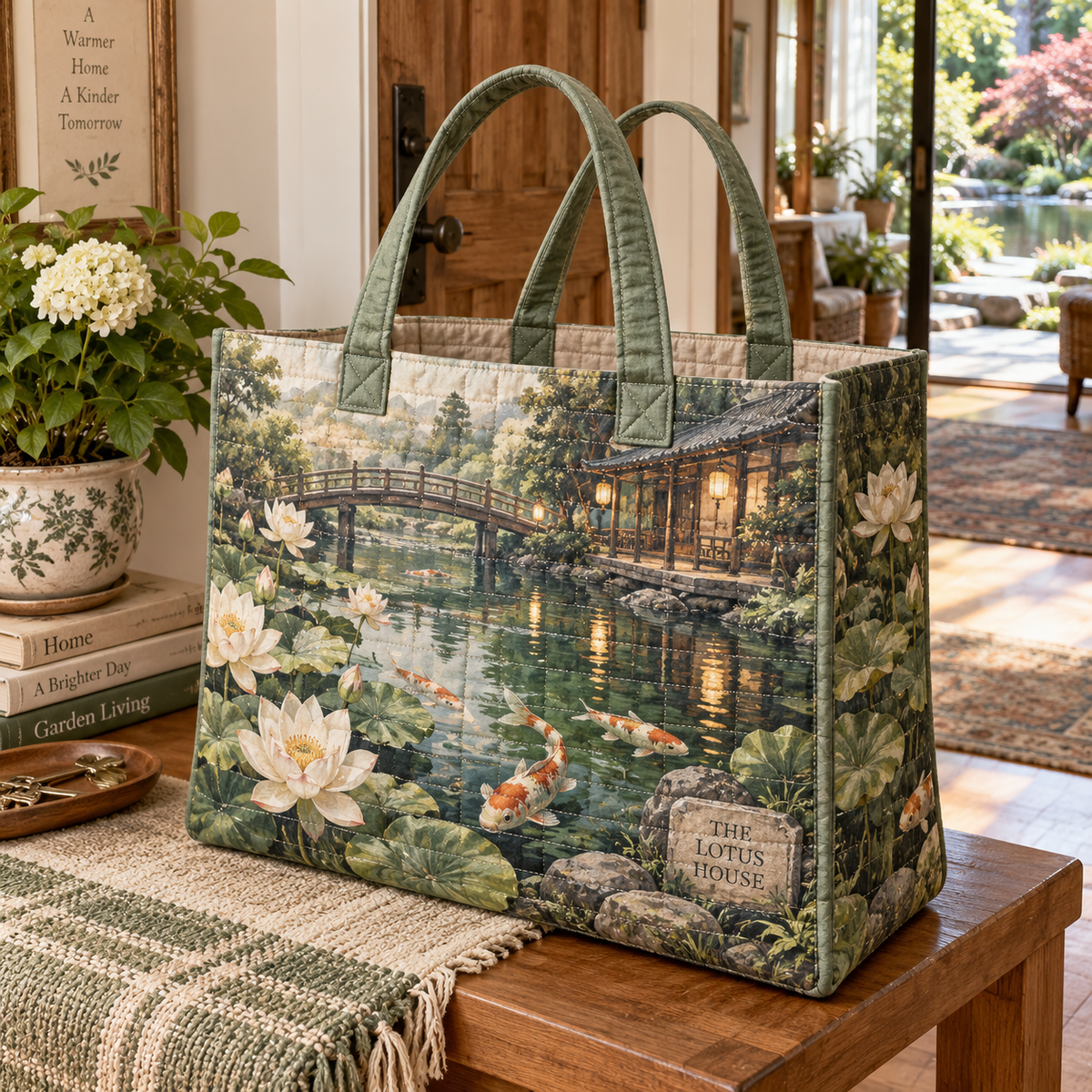 Koi Lotus Housewarming Quilted Tote Bag with flat printed koi and lotus garden and sample household name