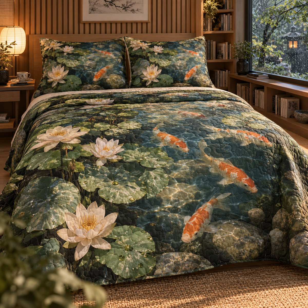 Koi Lotus Quiet Corner Quilted Bedding Set with flat printed koi and lotus pond in a quiet reading corner