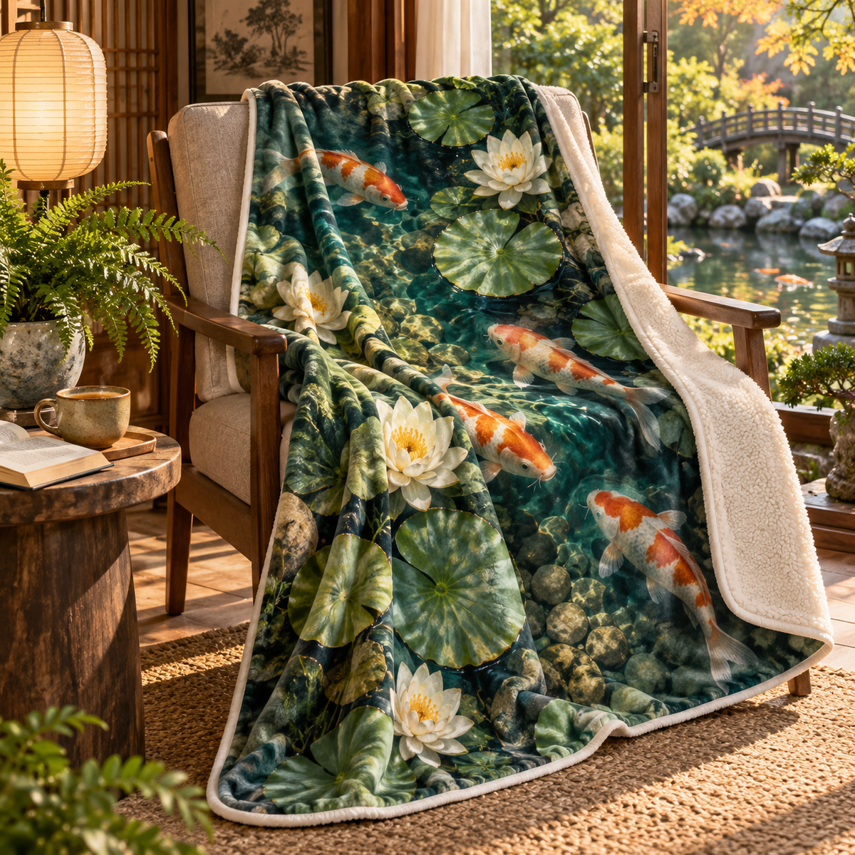 Koi Lotus Quiet Corner Sherpa & Fleece Blanket with flat printed koi and lotus pond in a quiet reading corner