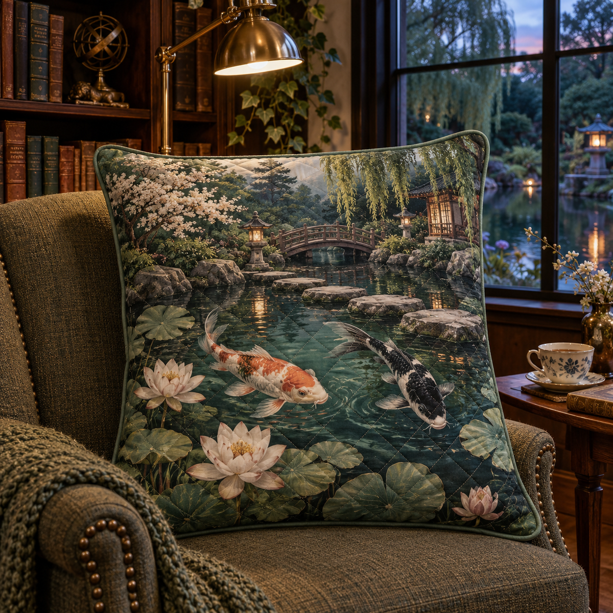Koi Lotus Quiet Corner Quilted Cushion Cover with flat printed koi and lotus pond in a quiet reading corner