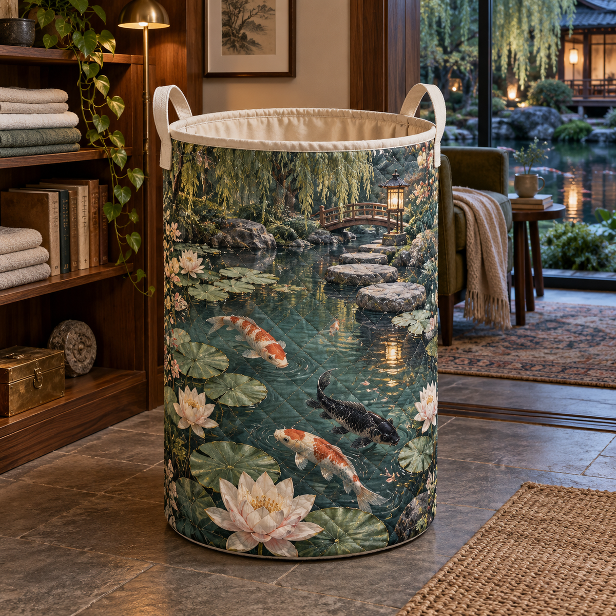 Koi Lotus Quiet Corner Laundry Hamper with flat printed koi and lotus pond in a quiet reading corner
