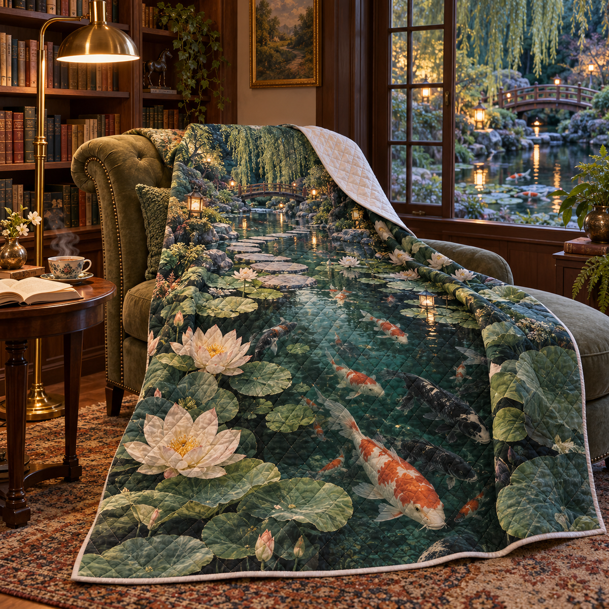Koi Lotus Quiet Corner Quilt Blanket with flat printed koi and lotus pond in a quiet reading corner